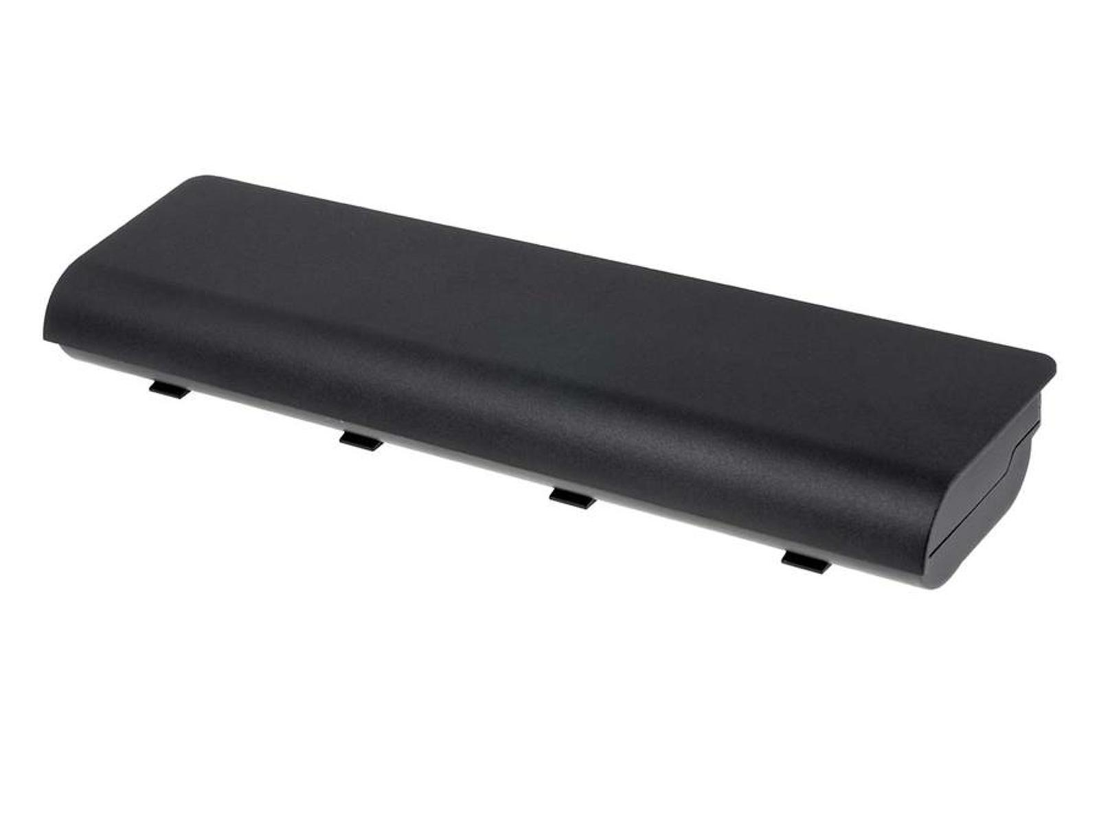 Batería de portátil rectangular negra. La batería tiene una superficie lisa y limpia con pequeños puntos de contacto en la parte inferior.