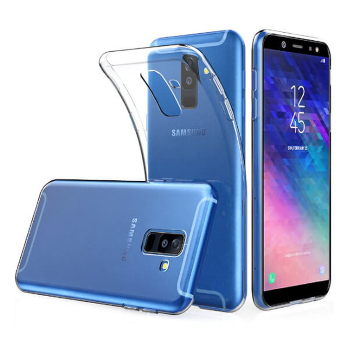 Tre telefoni blu e custodie protettive trasparenti. Un telefono mostra un orologio digitale. Samsung.