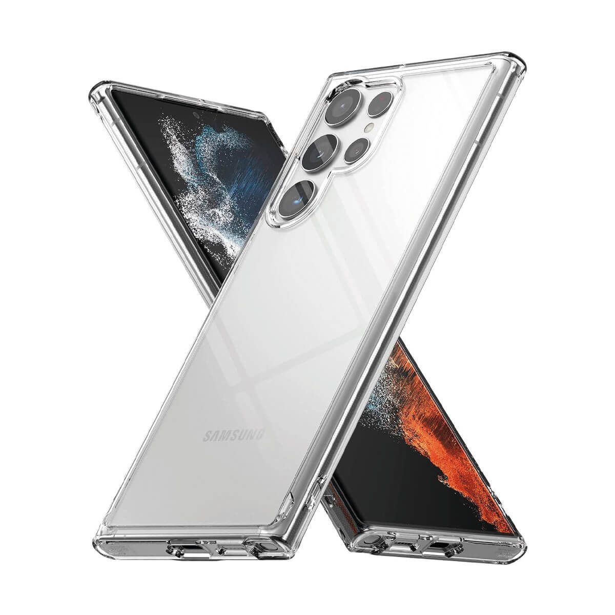Due custodie trasparenti per telefono, ciascuna con un telefono all'interno. Un telefono è nero, l'altro ha un design blu.