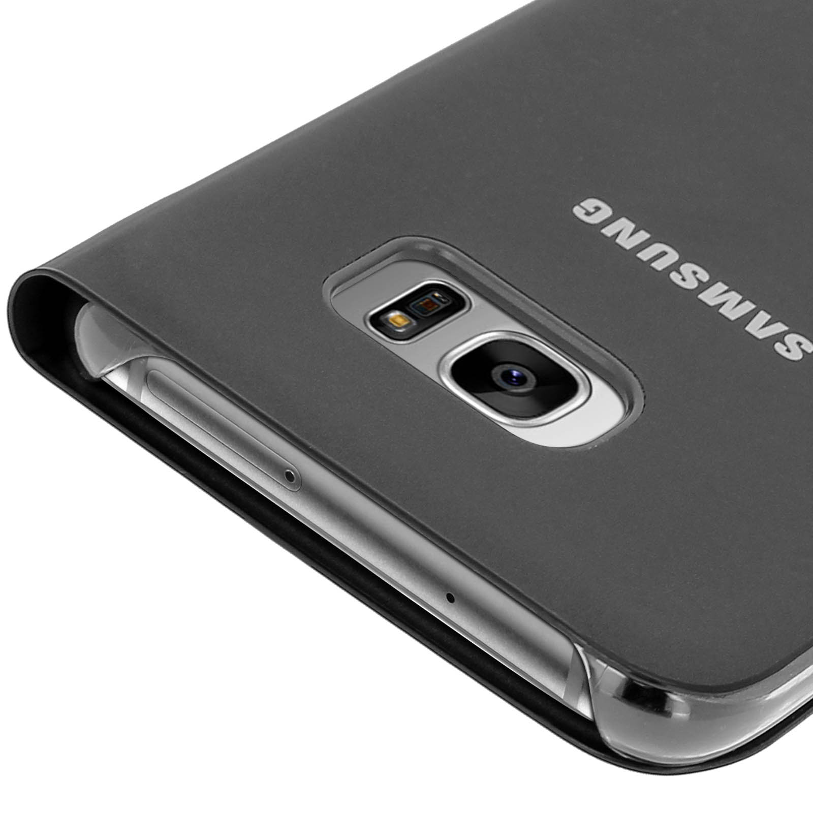 Schwarze Samsung-Handyhülle mit Kameraausschnitt. Das Telefon ist teilweise sichtbar.