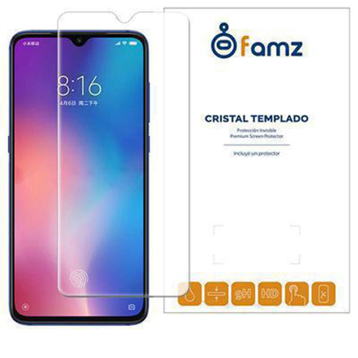 Uno smartphone con protezione schermo accanto a una confezione con il logo 'famz' e testo in spagnolo. Il telefono mostra le 8:16.