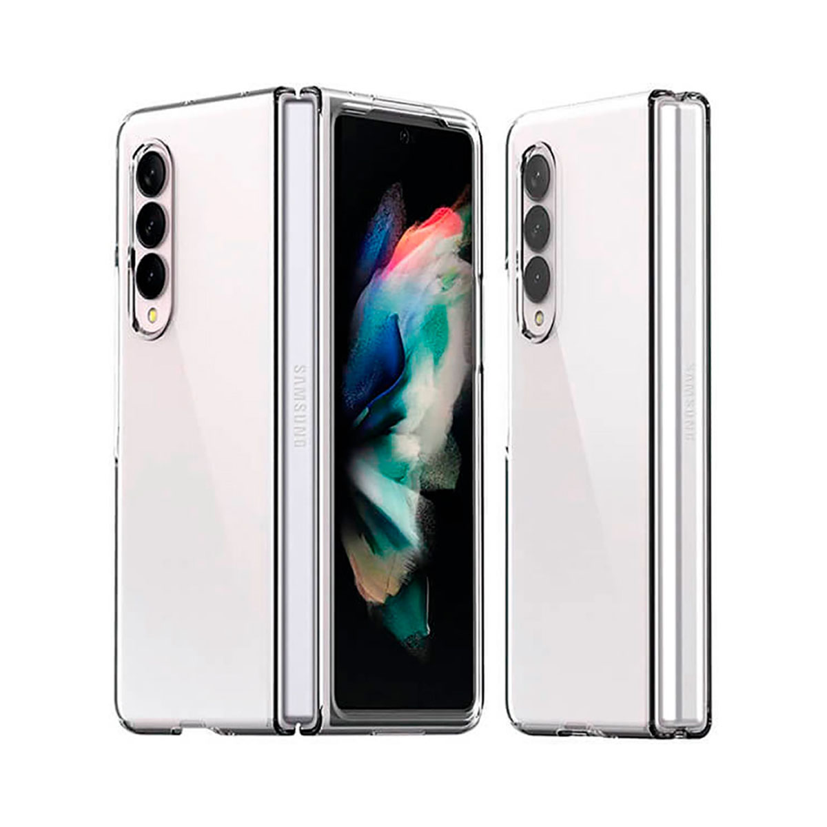 Un Samsung Galaxy Z Fold bianco con una custodia trasparente è mostrato, aperto e chiuso, mostrando lo schermo e le fotocamere.