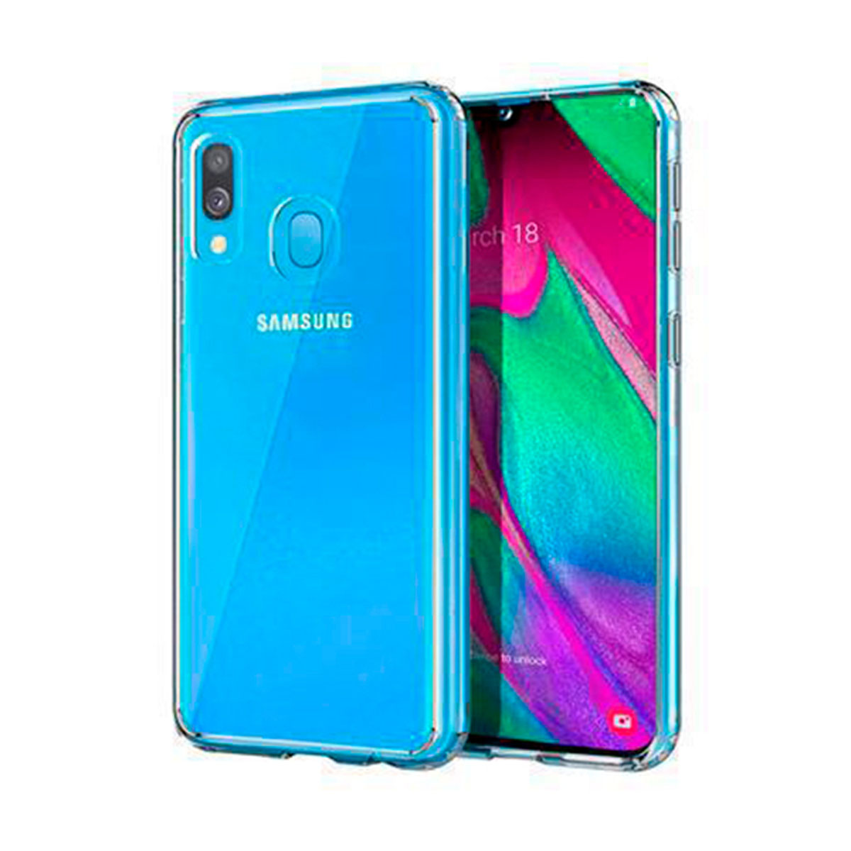 Telefono blu con custodia trasparente. Lo schermo del telefono mostra un'immagine colorata. La custodia è trasparente.