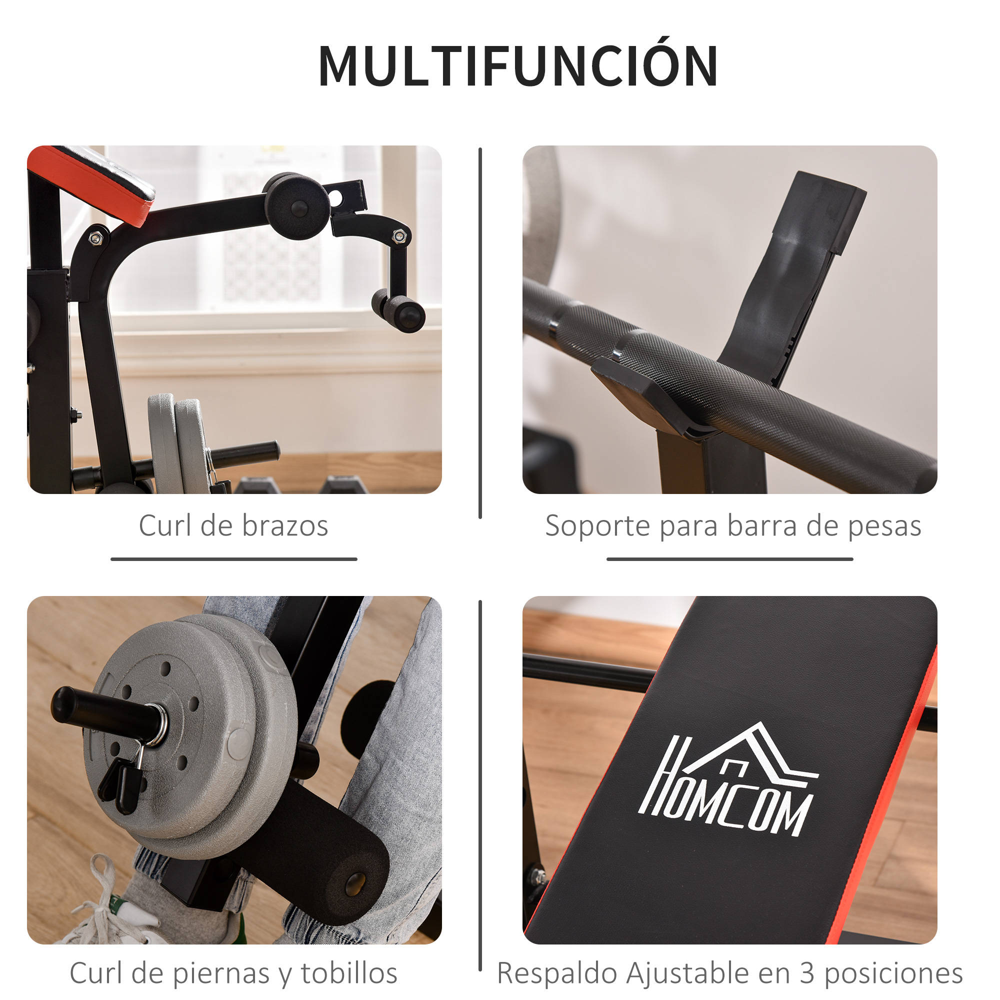 Cuatro imágenes en primer plano de un banco de pesas negro y rojo, que muestran diferentes posiciones de ejercicio.
