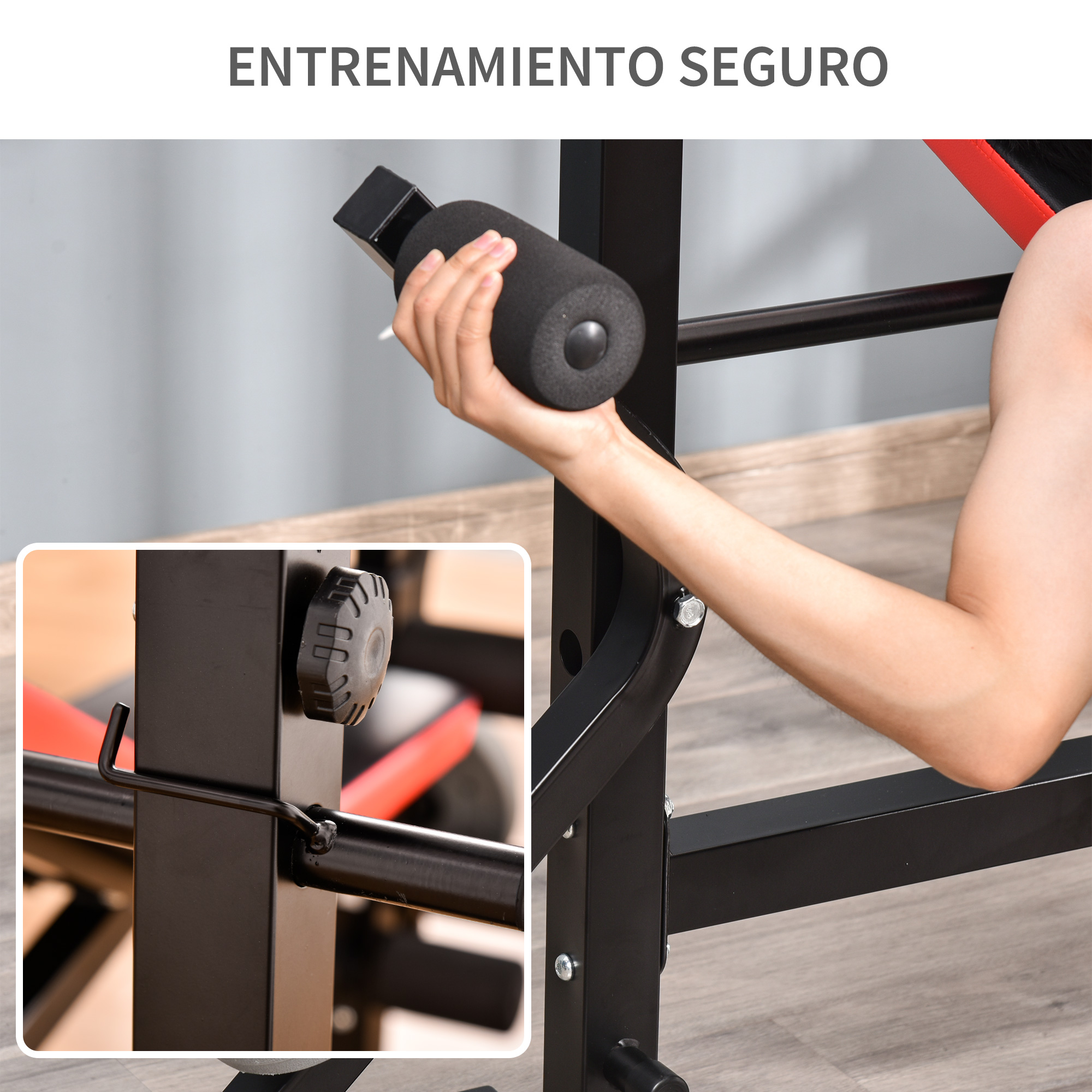 Hombre usando máquina de extensión de piernas. Incluye primer plano de la máquina y detalles.