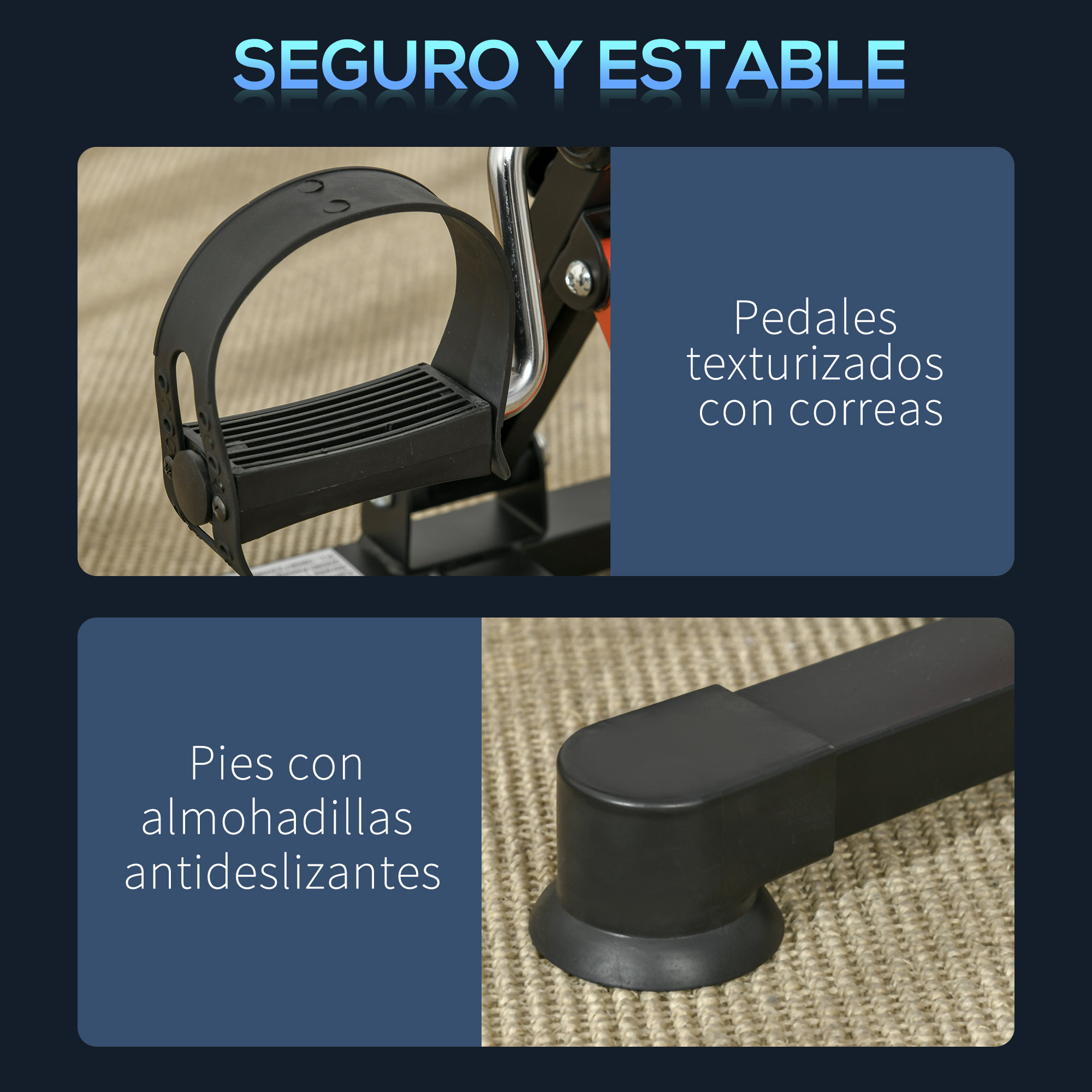 Dos fotos de cerca de una bicicleta estática. Se muestran pedales texturizados y pies antideslizantes.
