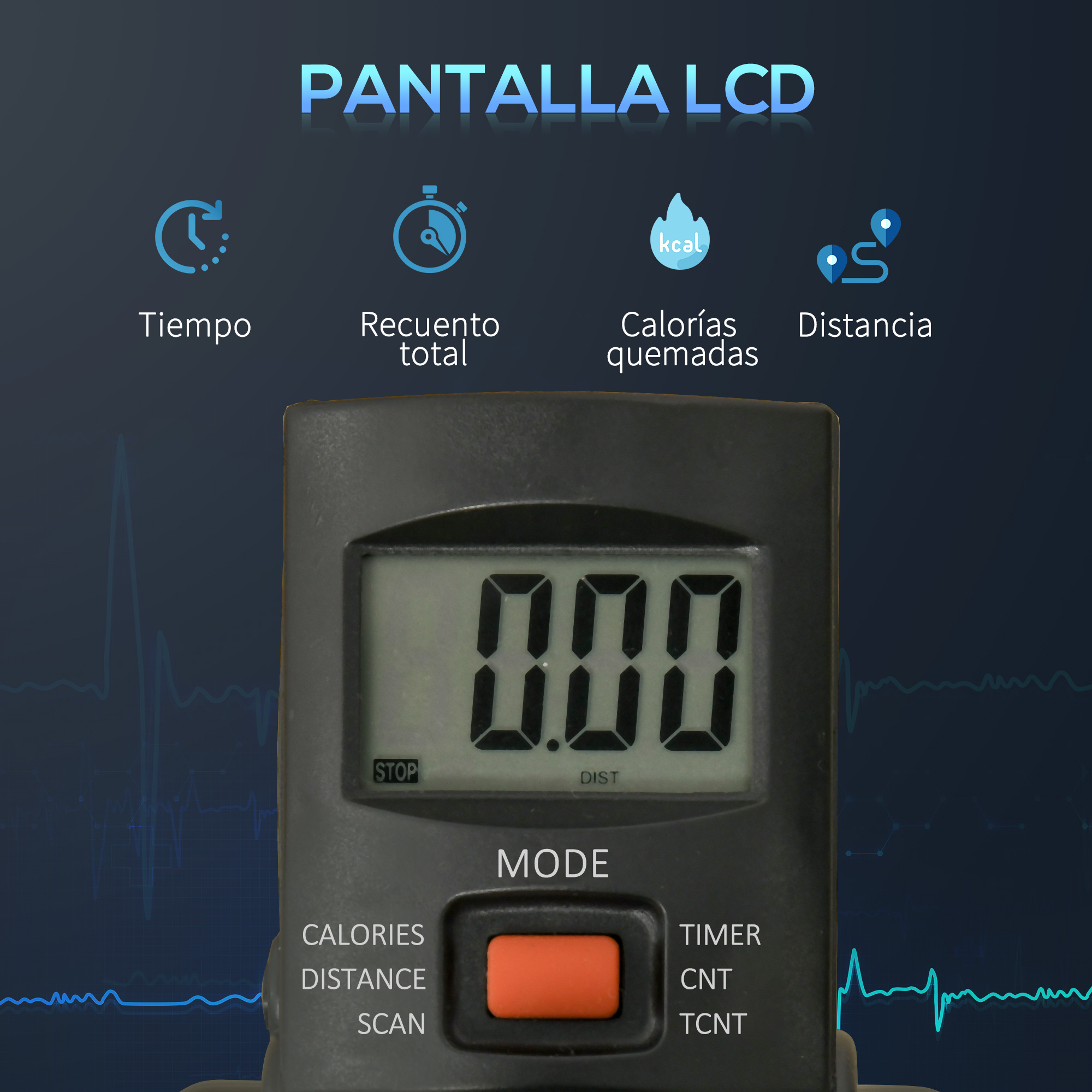 Pantalla LCD de una bicicleta estática, que muestra métricas como tiempo, distancia y calorías quemadas.
