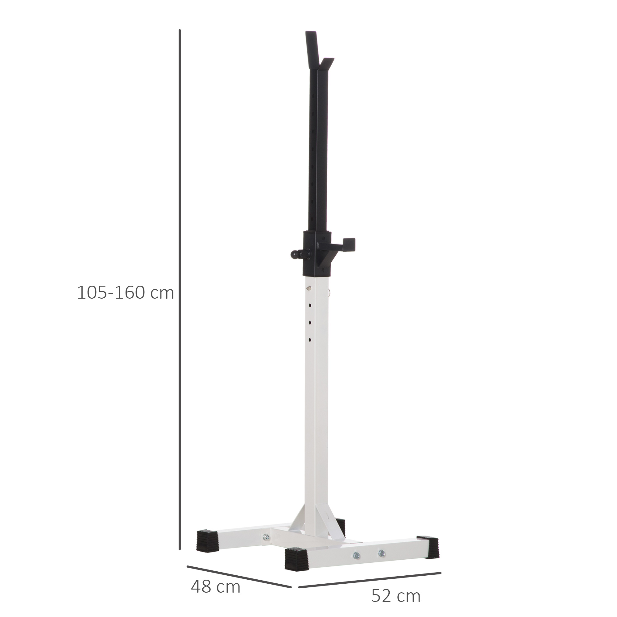 Soporte para sentadillas blanco y negro con dimensiones en centímetros.