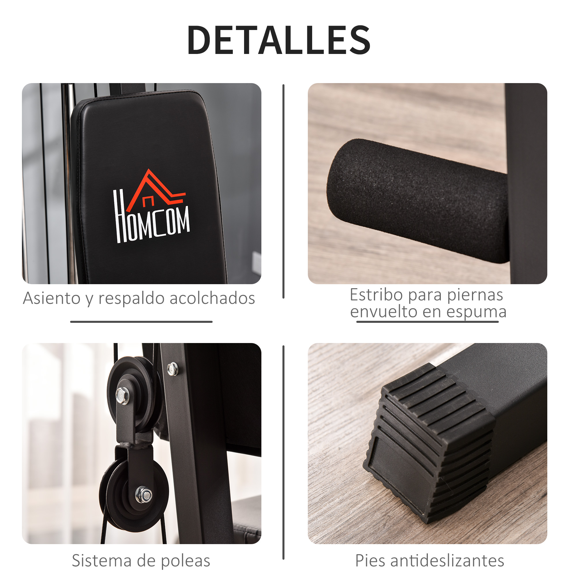 Detalles de una máquina de ejercicios: asiento y respaldo acolchados, soporte para piernas con espuma, sistema de poleas y pies antideslizantes.