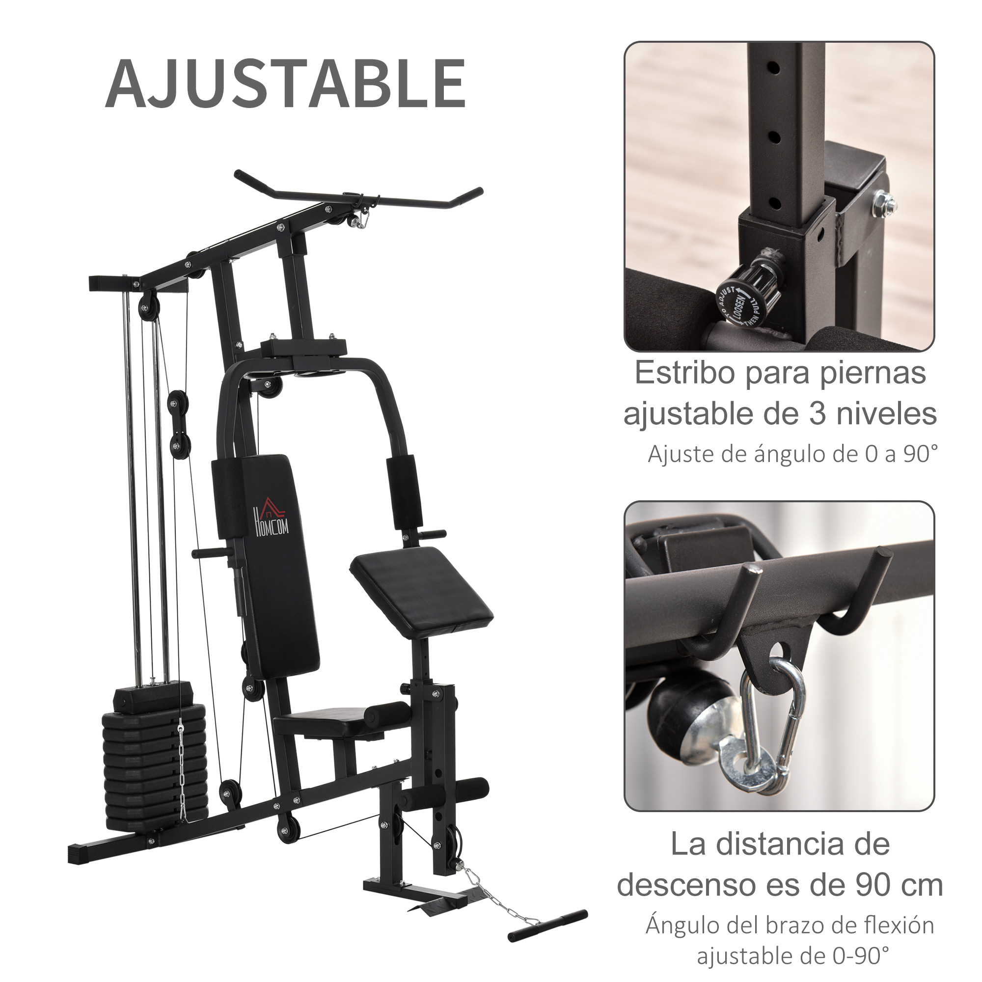 Una máquina de gimnasio en casa negra con pesas, un asiento y detalles de ajuste.
