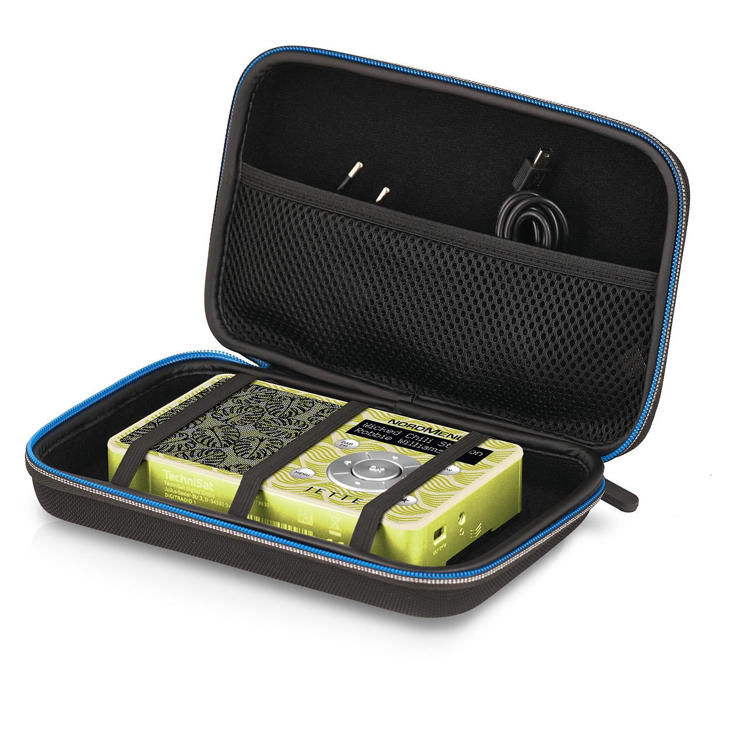 Ein grünes Gerät in einem schwarzen Etui mit blauem Reißverschluss.