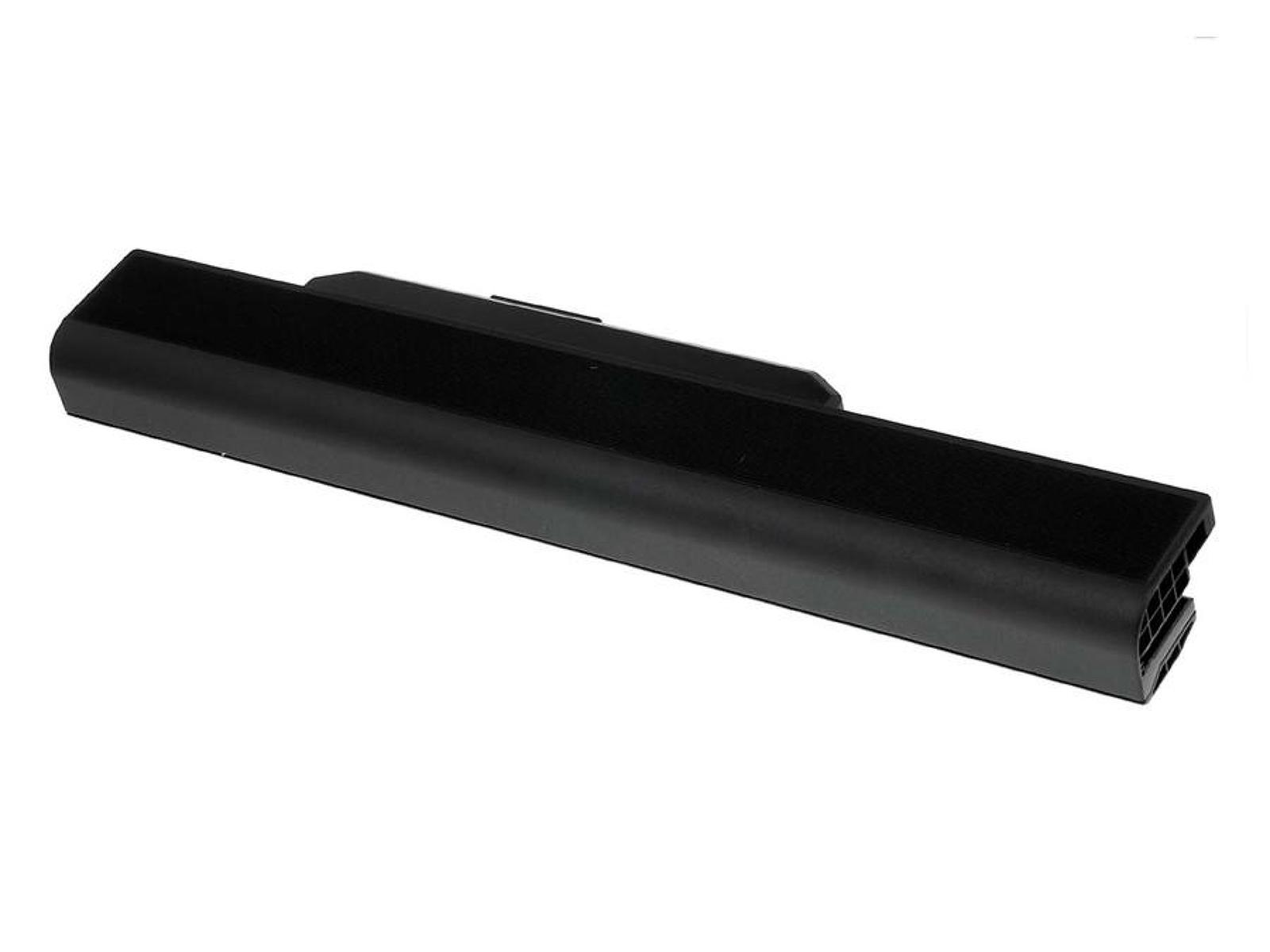 Una batería negra para portátil. Tiene forma rectangular y una etiqueta en la superficie superior.
