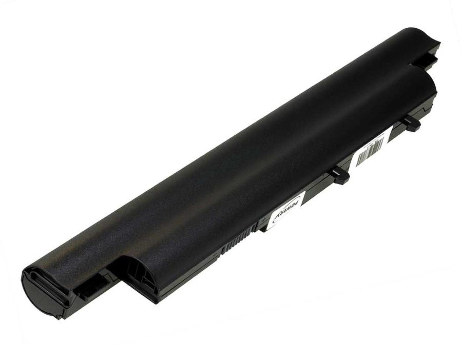 Batería negra para portátil sobre fondo blanco. Es rectangular con extremo redondeado.