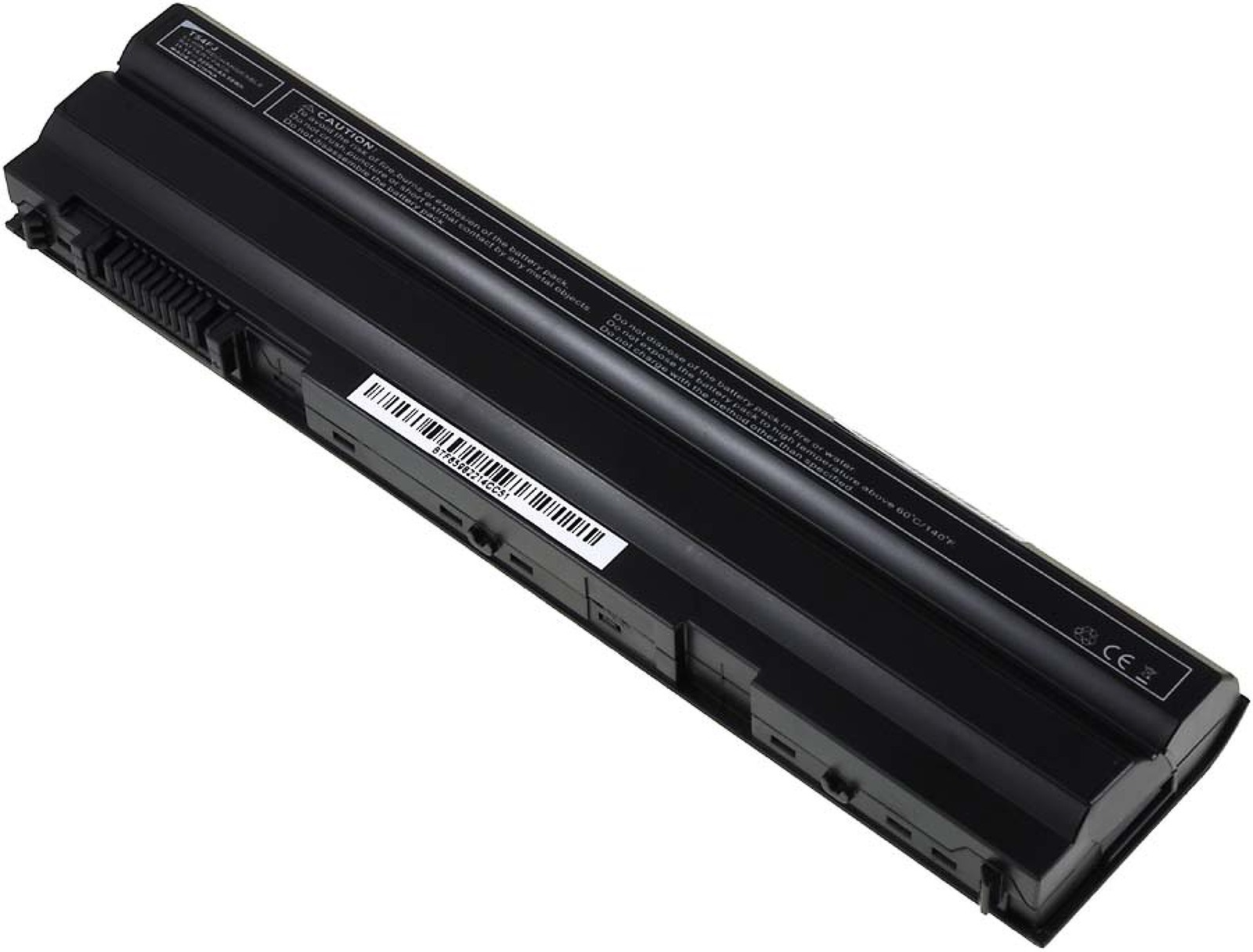 Batería negra para portátil. Es rectangular y tiene una etiqueta de advertencia con detalles técnicos.