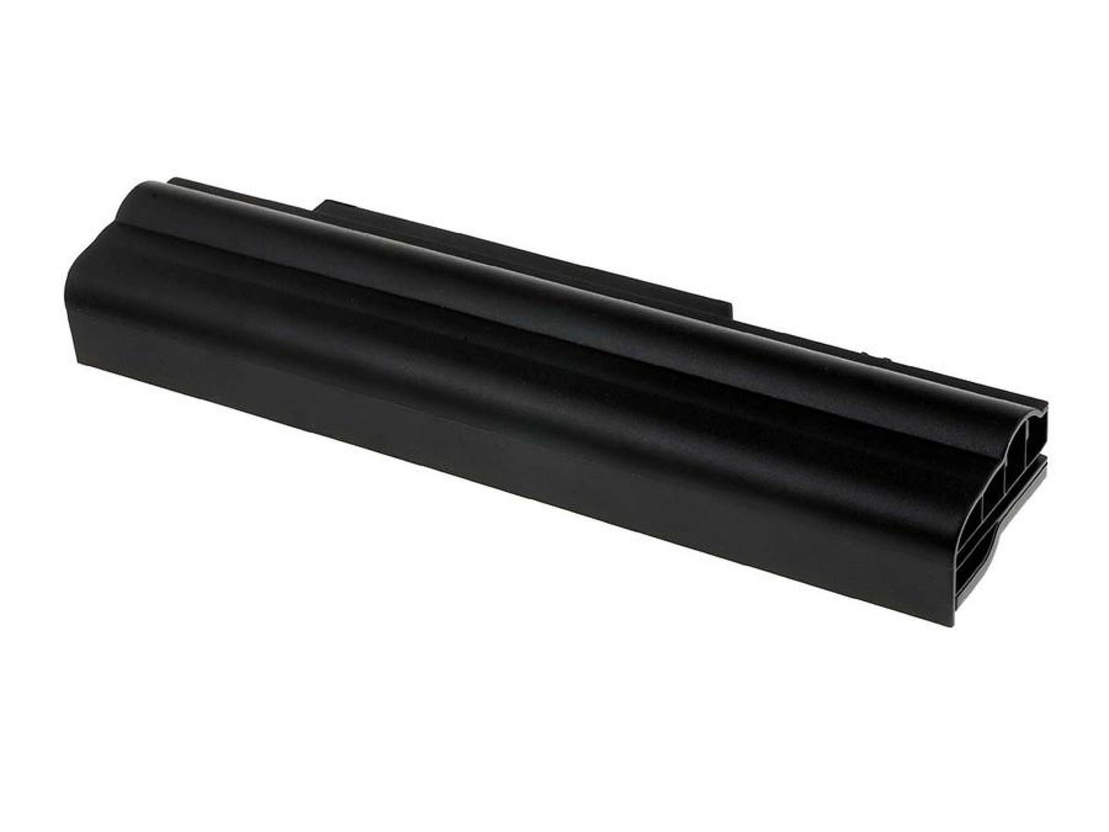 Batería rectangular negra. Vista superior. Tiene una superficie lisa y bordes ligeramente curvados.