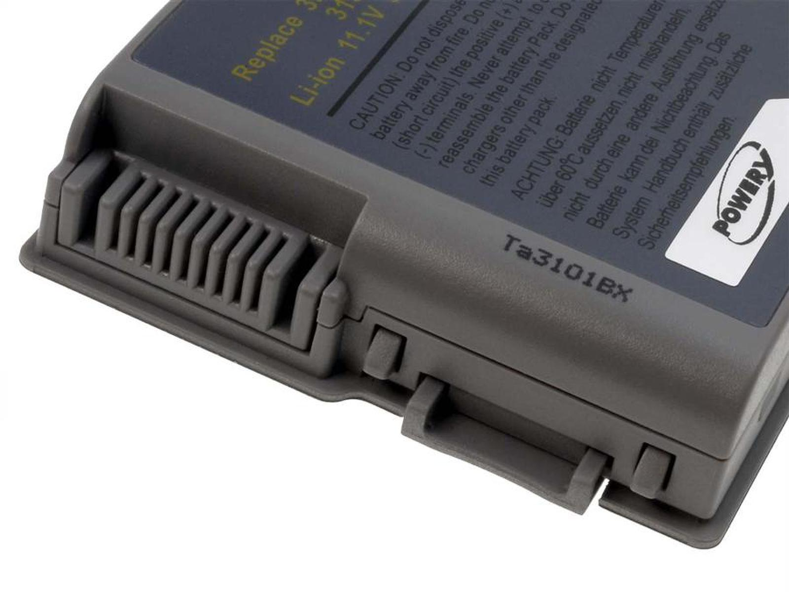 Una batería de portátil gris oscuro con texto de advertencia. Tiene una etiqueta y un conector. La batería es Ta3101Bx.