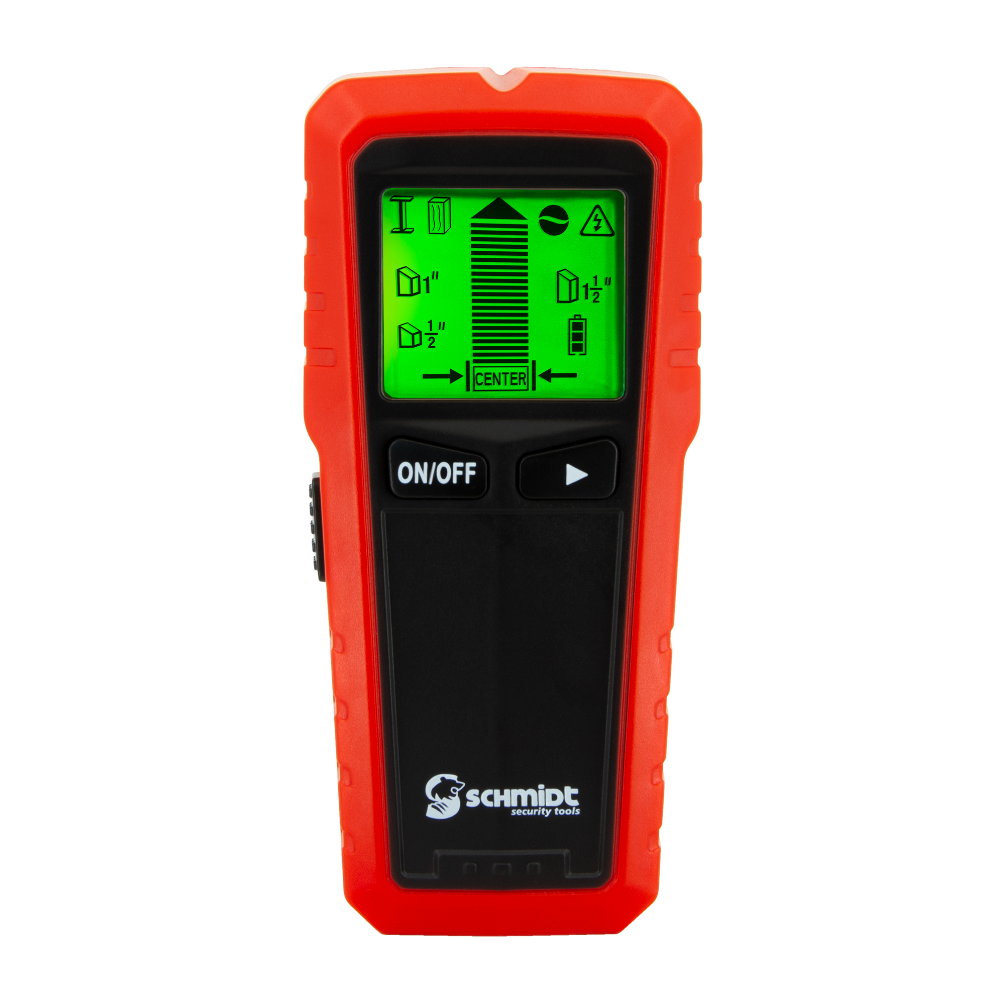 Ein orangefarbener Wandscanner mit schwarzer Vorderseite und grünem Bildschirm, der verschiedene Messsymbole anzeigt.