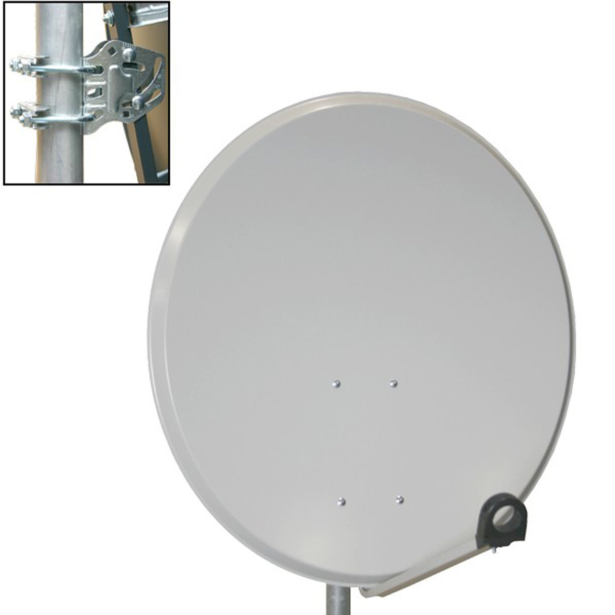 Satellitenschüssel auf einem Mast montiert, mit Montagehardware in einem inset Bild.