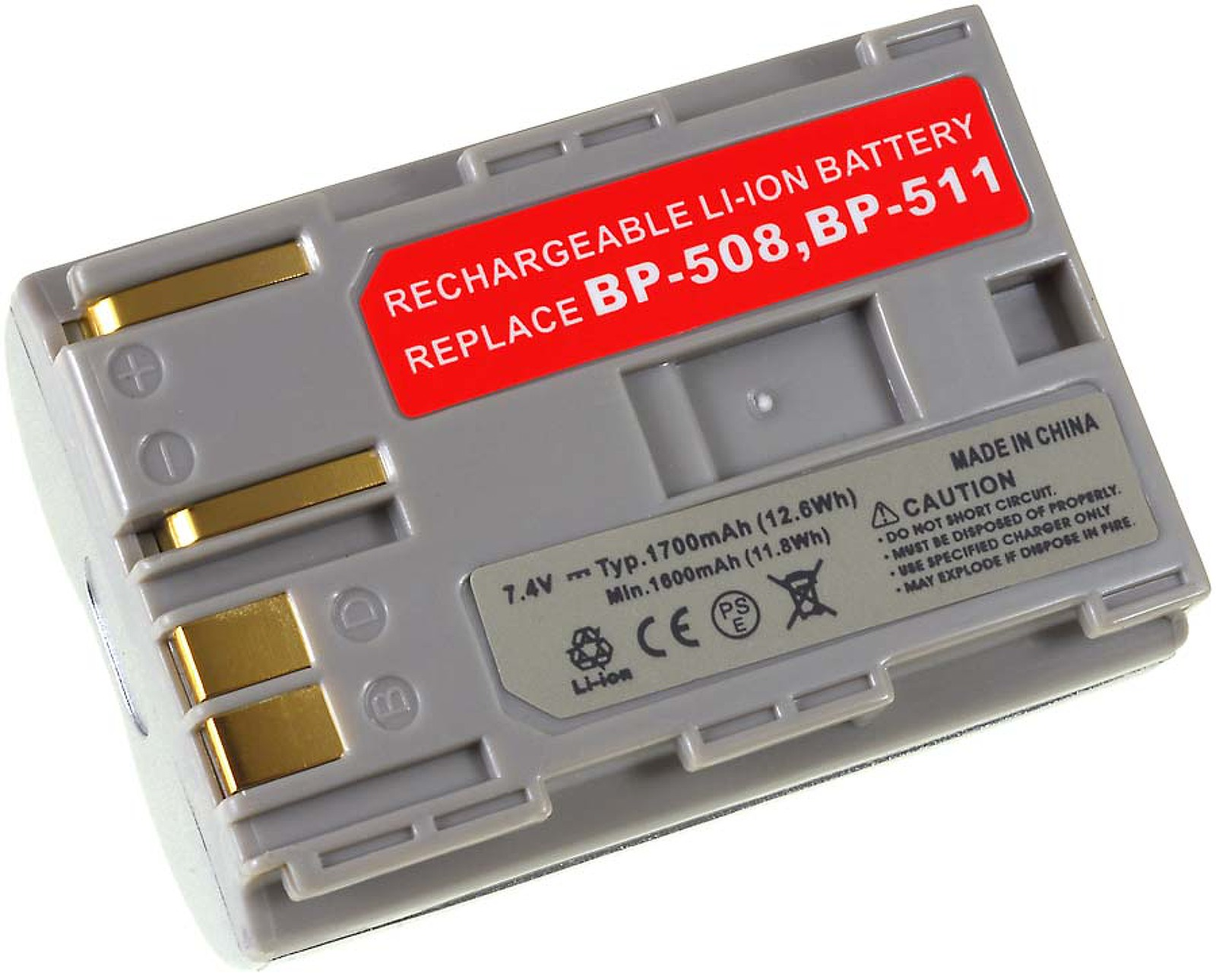 Graue Batterie mit rotem Etikett, Text: Wiederaufladbare Li-Ionen-Batterie.