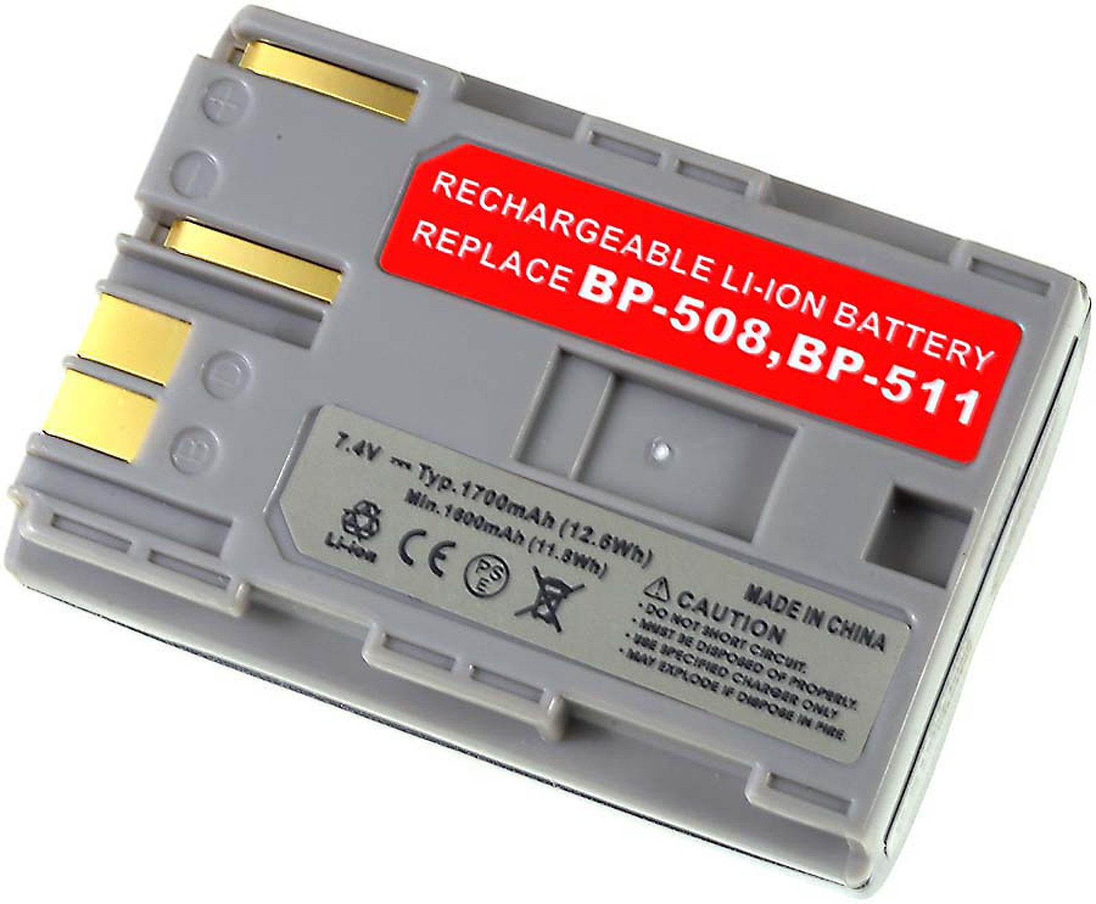 Graue Batterie mit Etiketten und goldfarbenen Kontakten. Weißer Hintergrund.