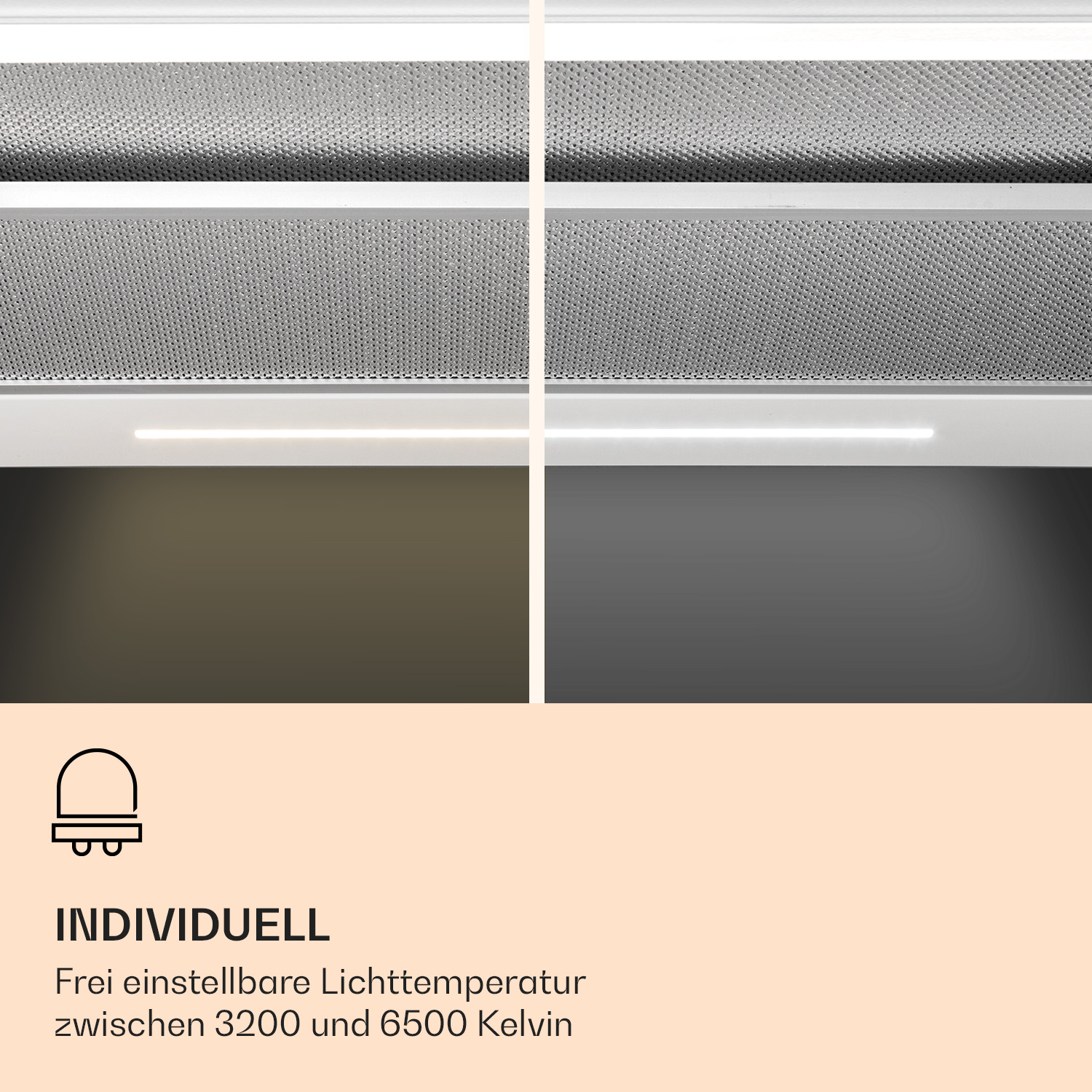 Nahaufnahme der Beleuchtungsoptionen einer Dunstabzugshaube. Text: Einstellbare Lichtfarbe zwischen 3200 und 6500 Kelvin.