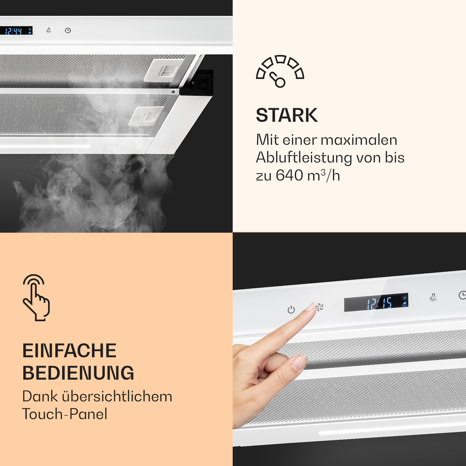 Nahaufnahme einer Dunstabzugshaube mit Digitalanzeige und Touch-Panel. Text: Einfache Bedienung.