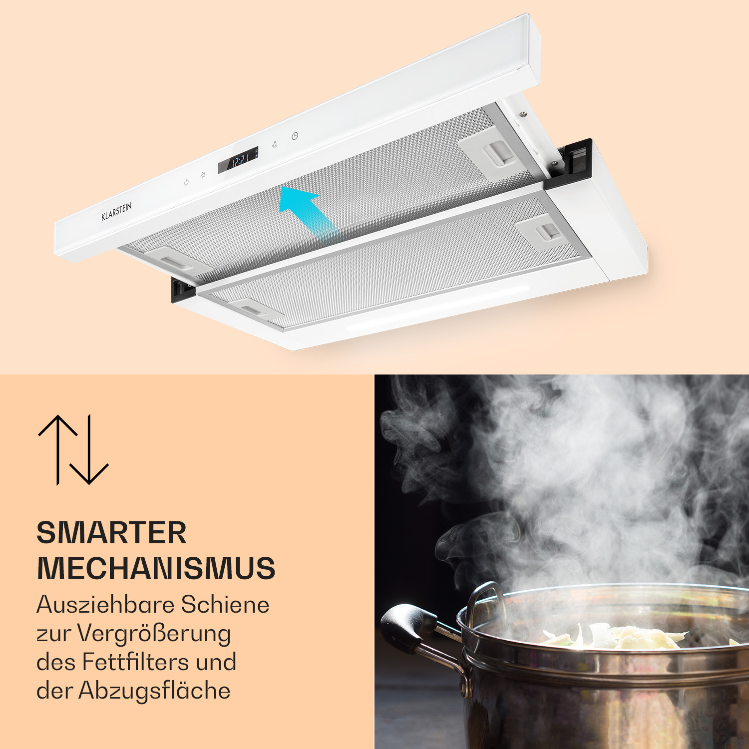 Dunstabzugshaube mit Ausziehfunktion und einem Topf mit dampfendem Essen. Text: Smarter Mechanismus.