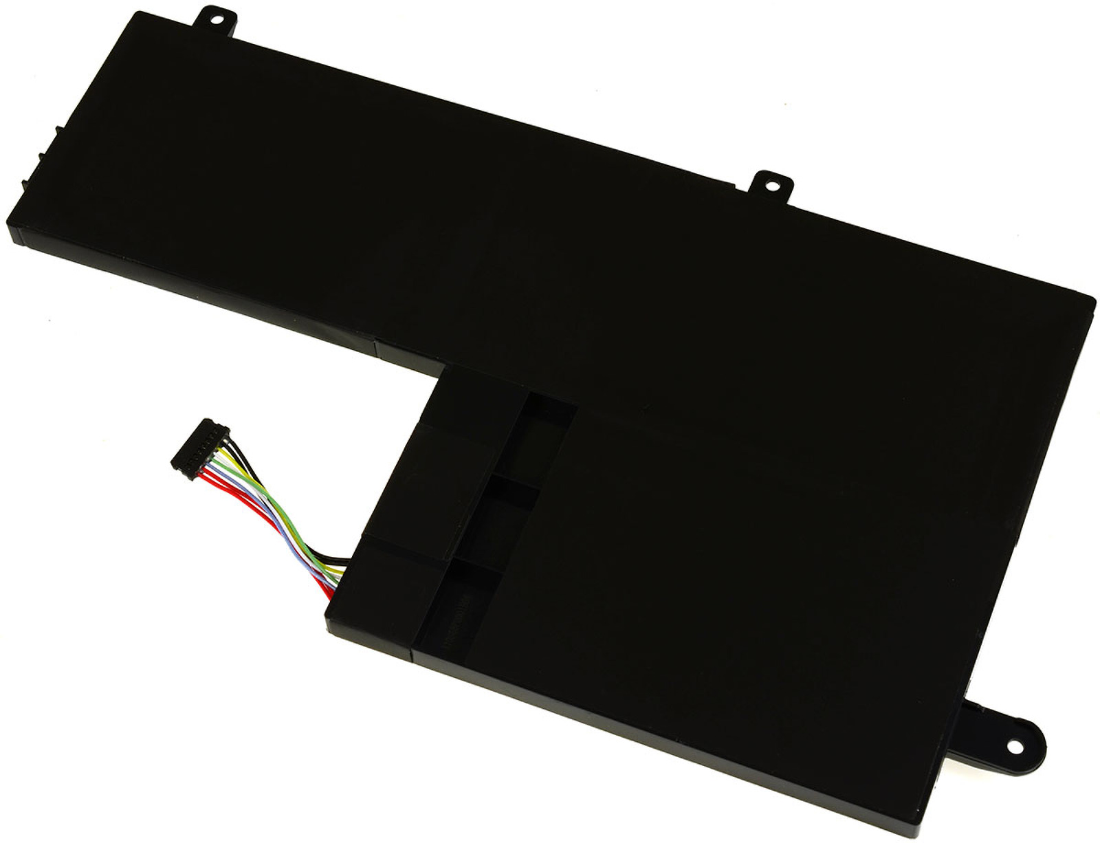 Batería negra de portátil con varios puntos de conexión y un conector negro. Una forma rectangular negra.