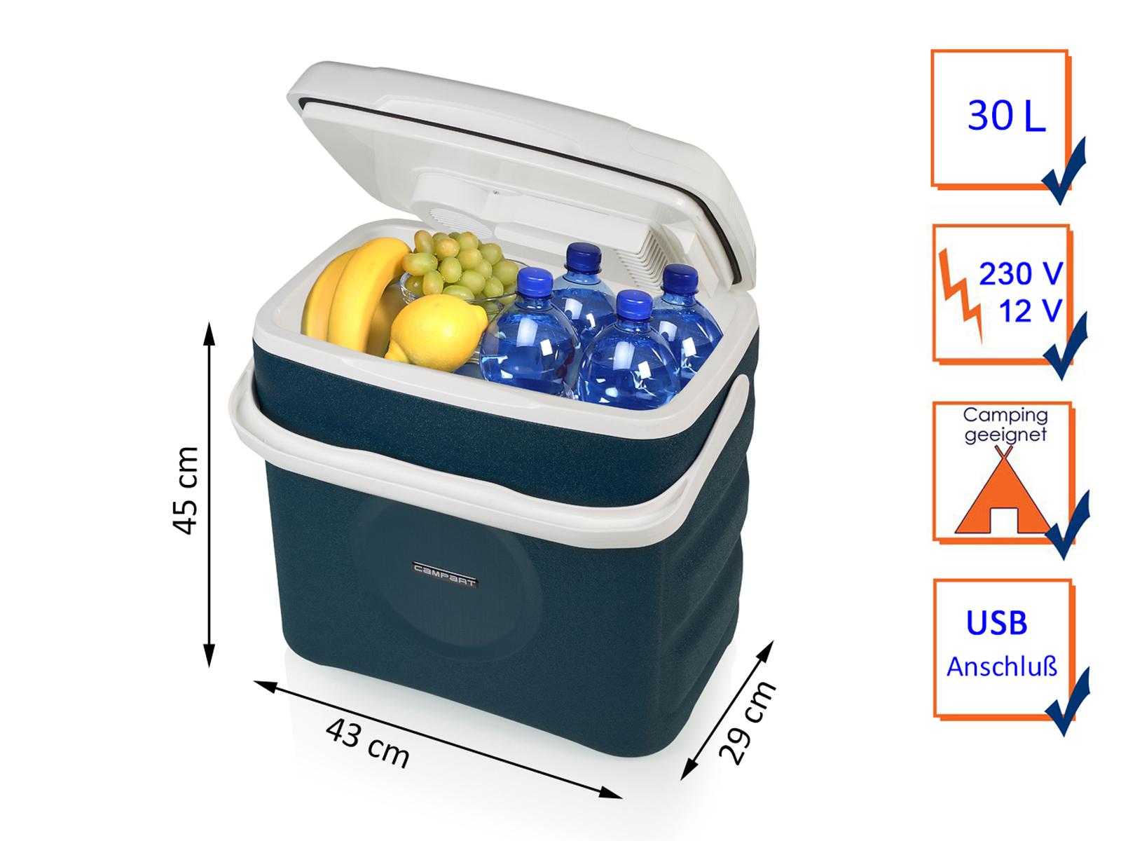 Offene Kühlbox mit Obst, Wasserflaschen und Informationstabellen.
