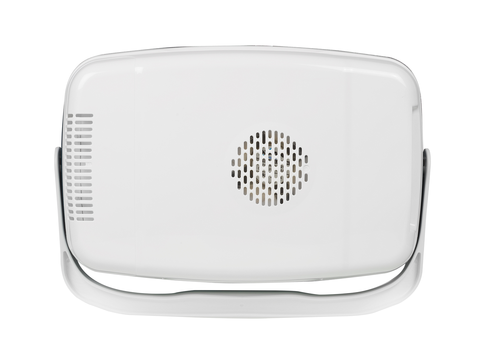 Białe prostokątne urządzenie, widok z góry. Posiada uchwyt i okrągły otwór wentylacyjny.