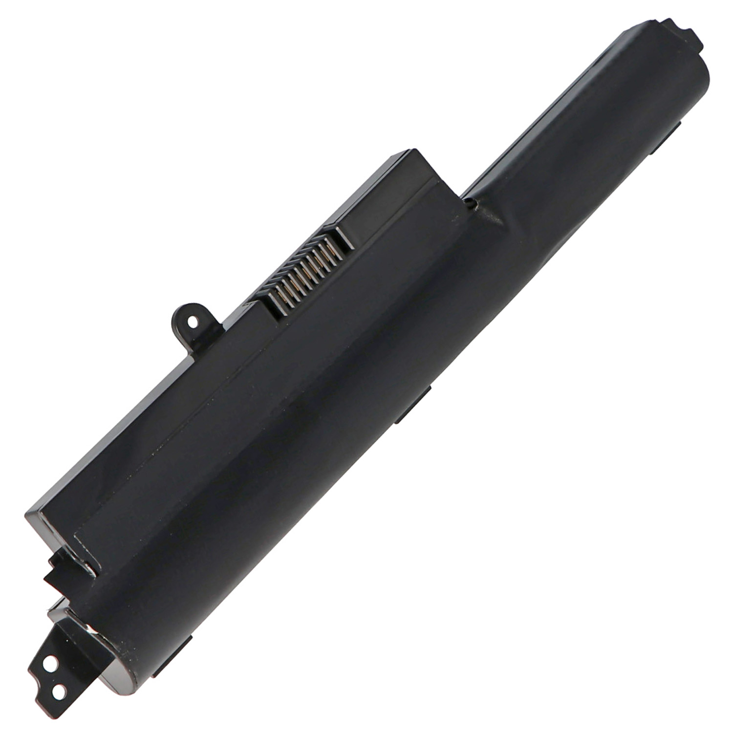 Ein langer, schwarzer Akku auf weißem Hintergrund. Er hat einen Stecker und eine gerippte Oberseite.
