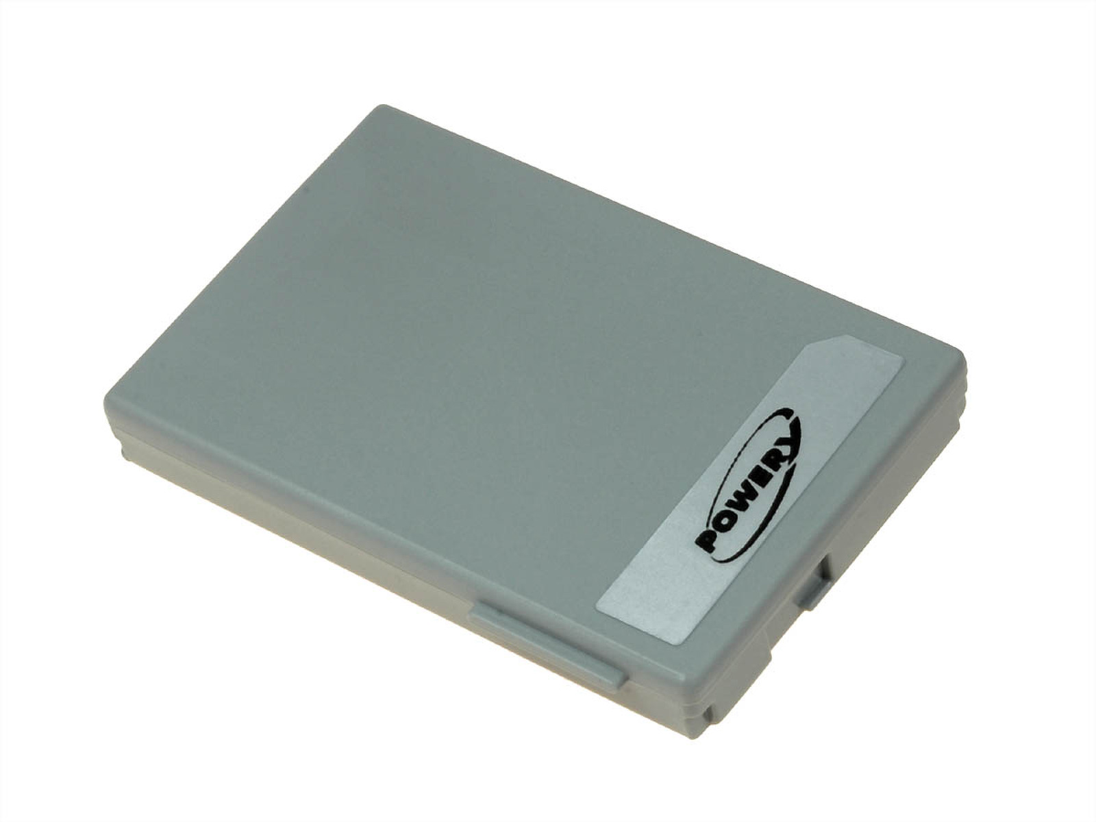 Batería rectangular gris con una pegatina y la palabra 'POWERY'.