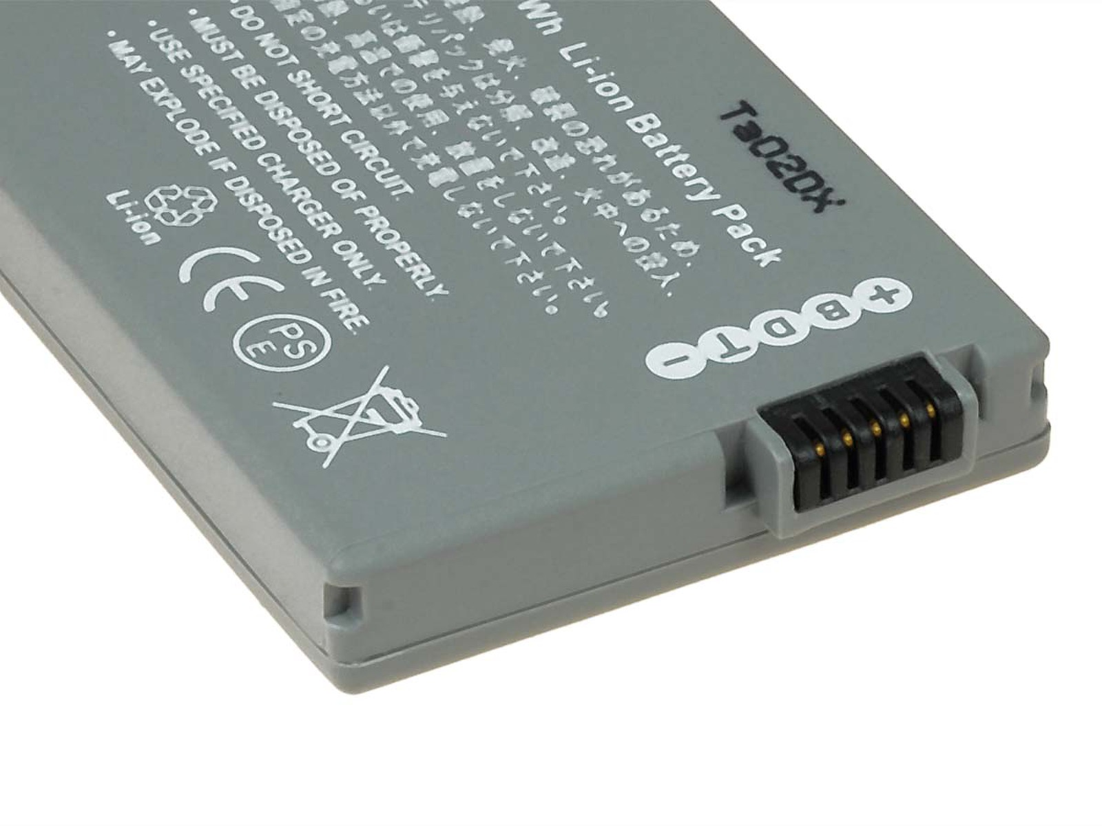 Batería gris con conector y texto impreso. El texto incluye advertencias y especificaciones.