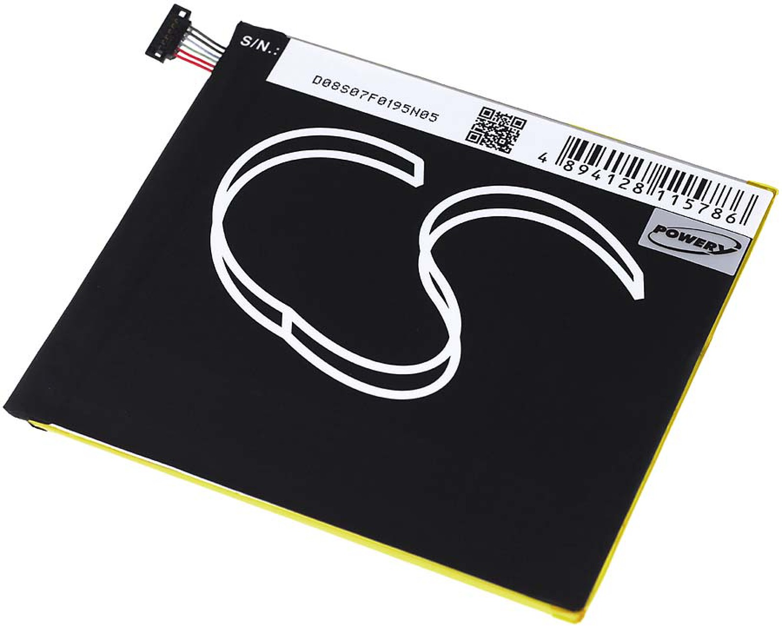 Una batería negra y amarilla con código de barras, número de serie y logo blanco.