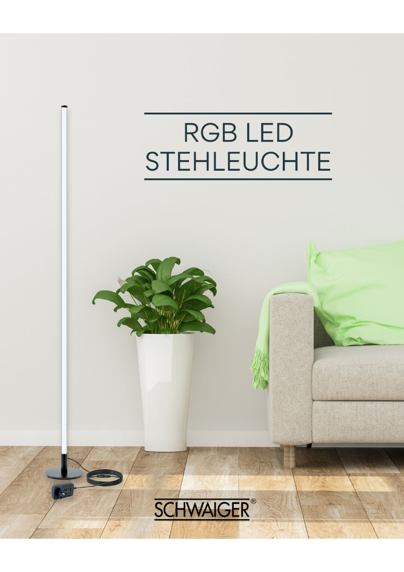 Hohe weiße RGB-LED-Stehleuchte neben einer Pflanze und einem Sofa.