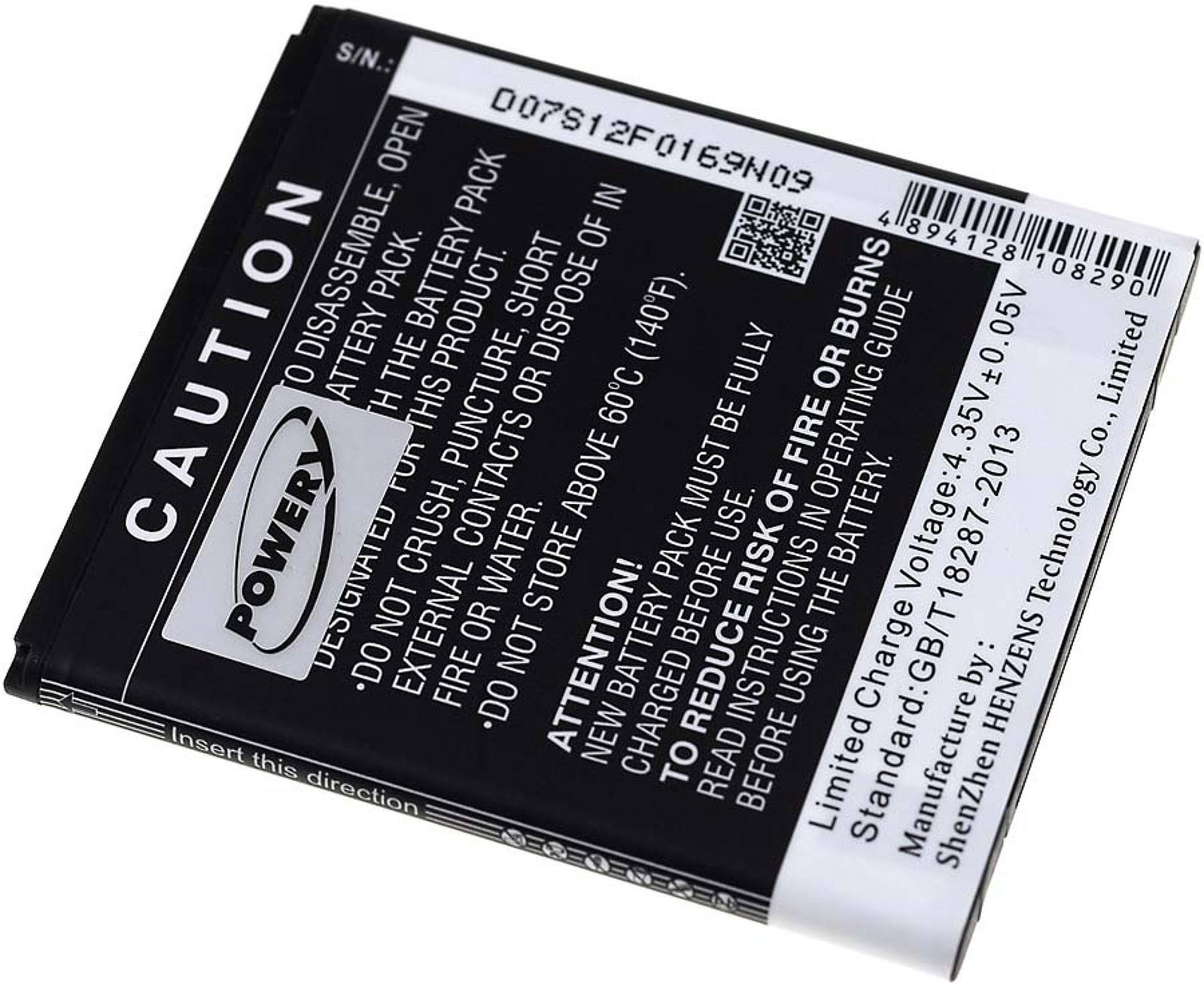 Eine Batterie mit Text oben und Warnhinweisen.