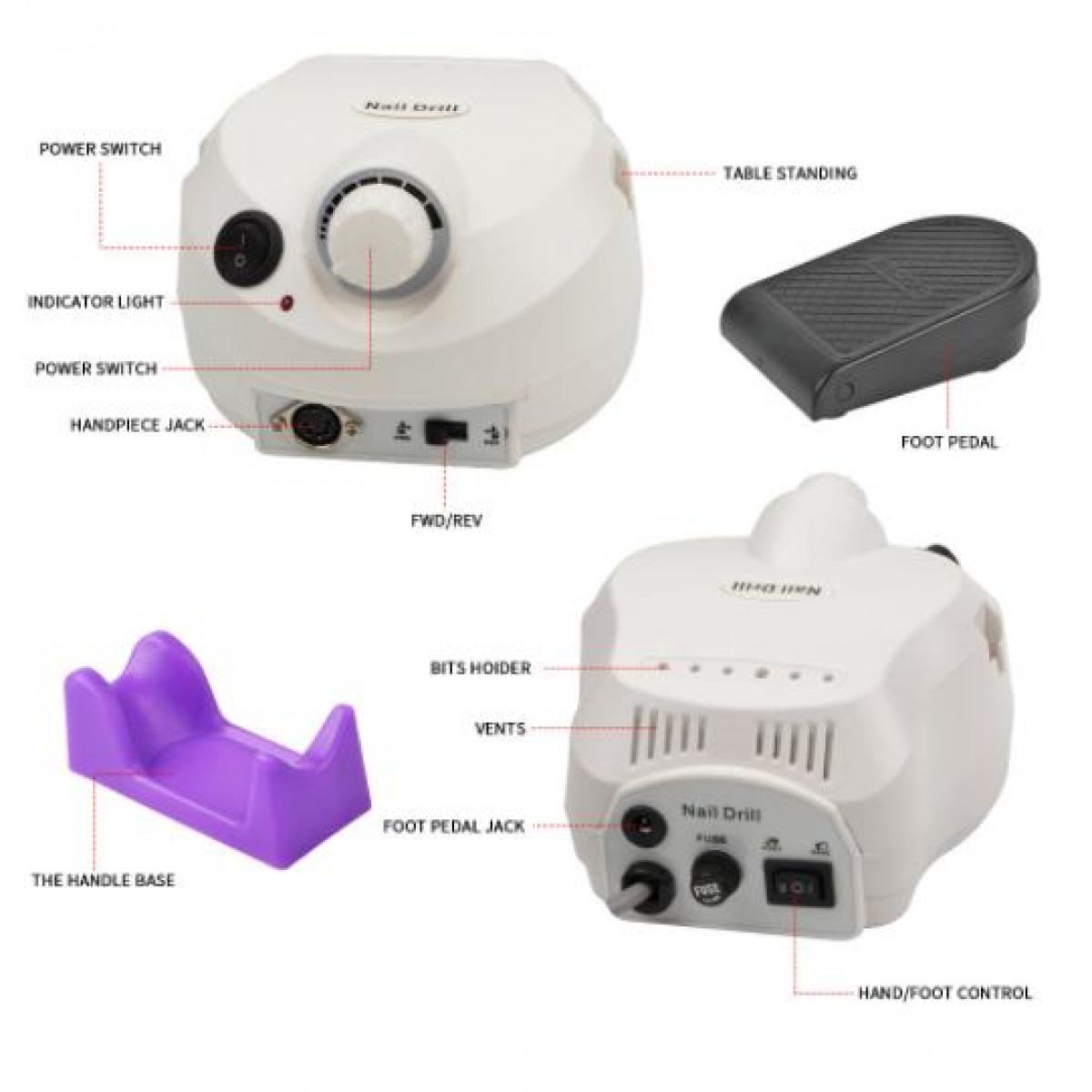 Frezarka do paznokci z wieloma częściami, w tym pedałem nożnym i podstawą uchwytu.