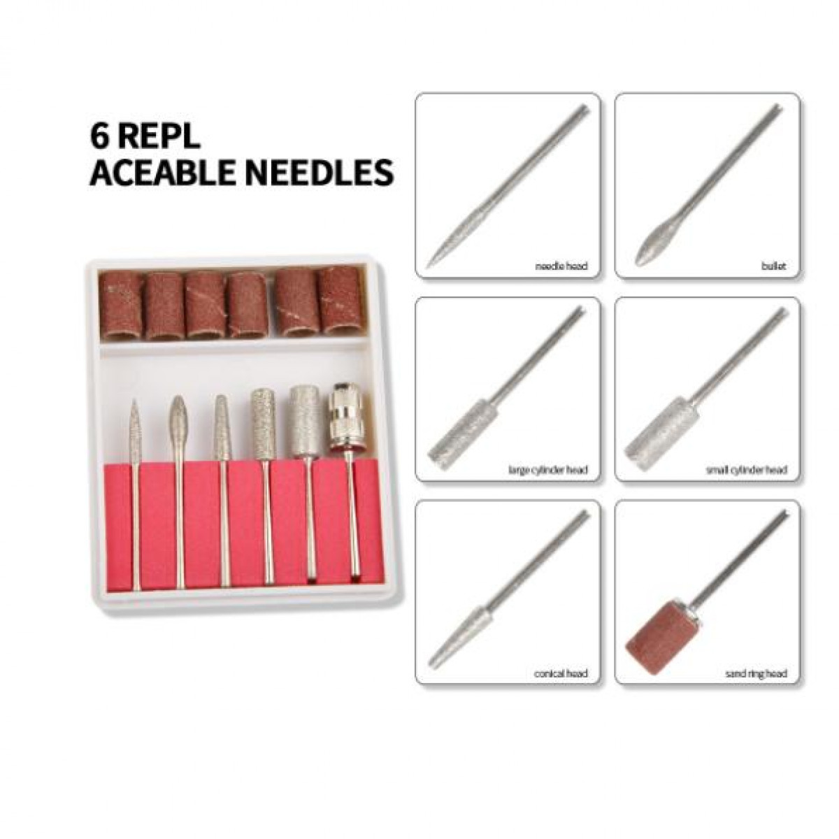 Zestaw sześciu wymiennych igieł do wiertarki do paznokci. Zawiera różne kształty głowic w białej tacy.