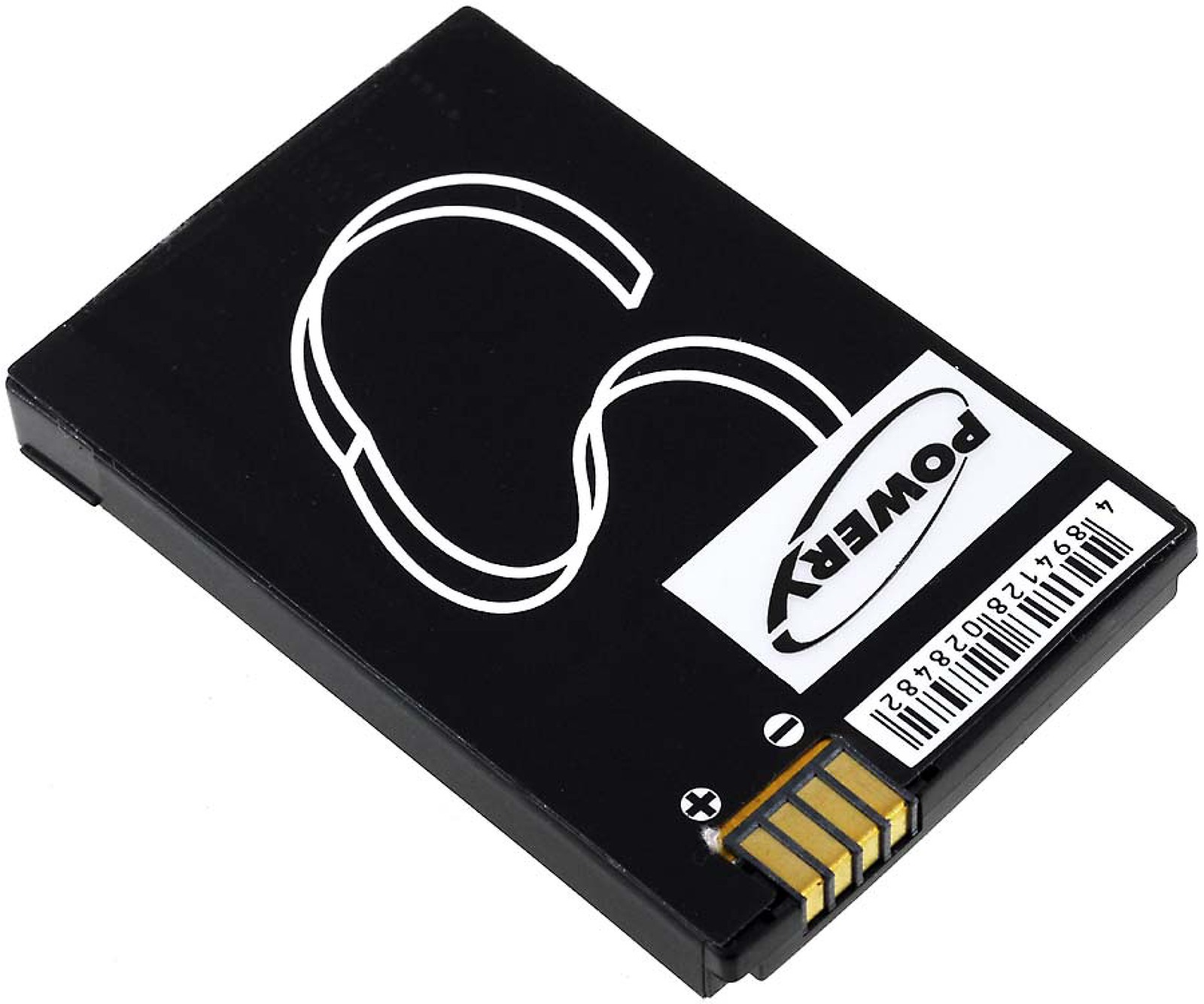 Batería negra con logo blanco y conectores dorados. El fondo es blanco.