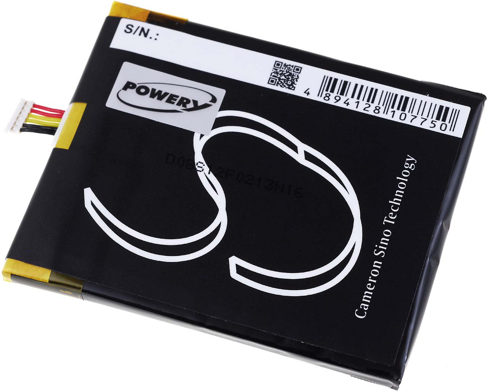 Batería negra con logo Power y código QR. Etiqueta blanca con texto visible.