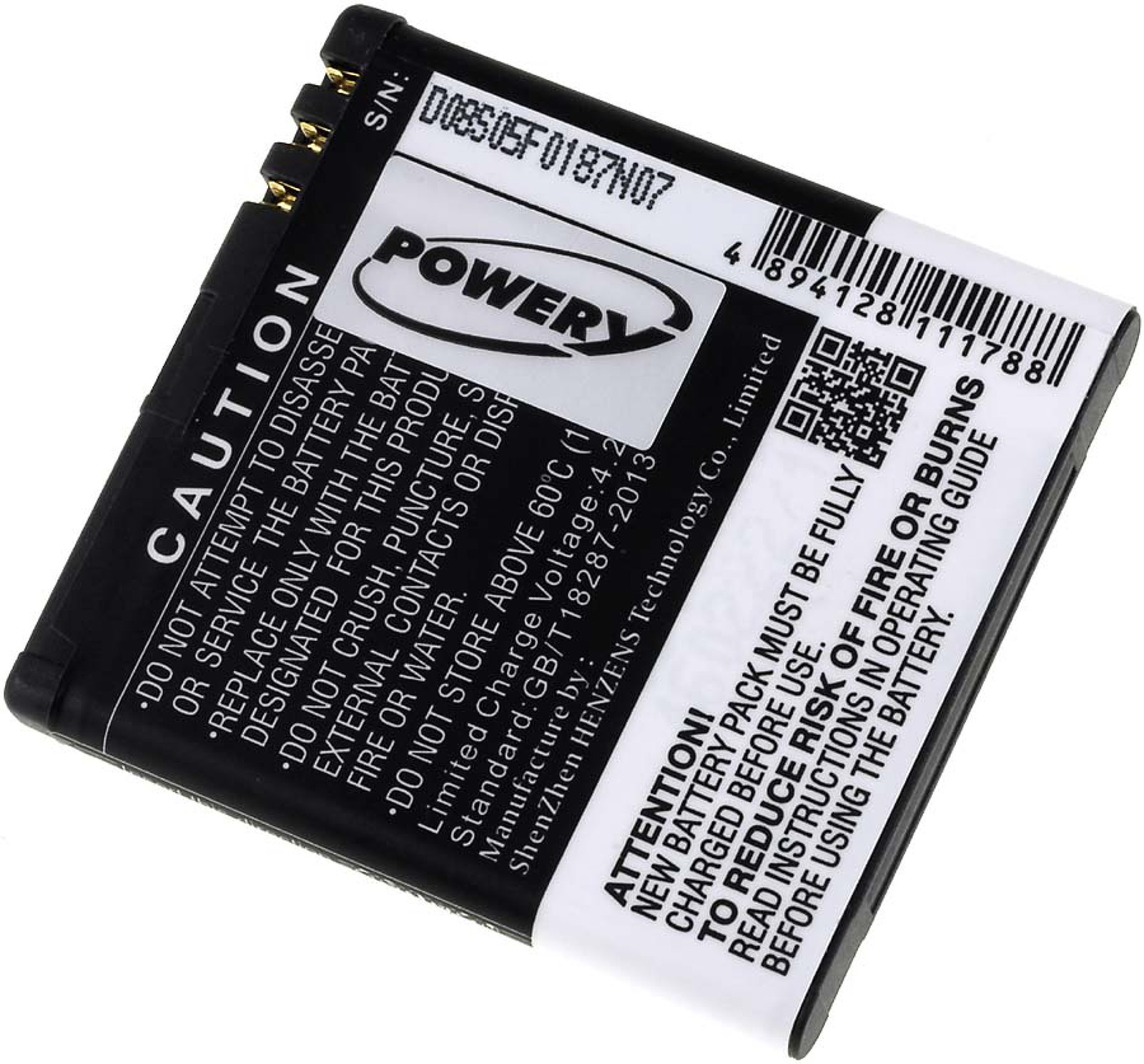 Paquete de baterías con etiquetas en blanco y negro. Forma rectangular negra con texto blanco.
