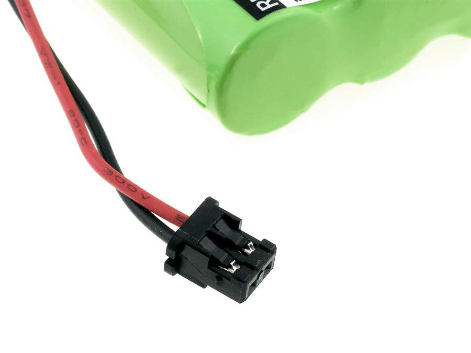 Batería verde con conector negro y cables rojo/negro, aislado en blanco.