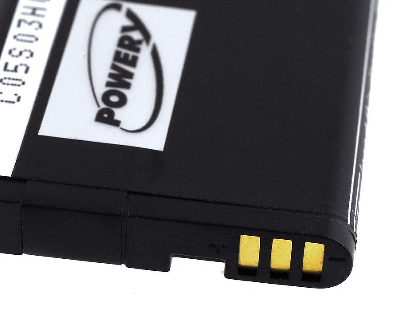 Batería negra con una pegatina blanca con el logotipo 'POWER' y puntos de contacto dorados.