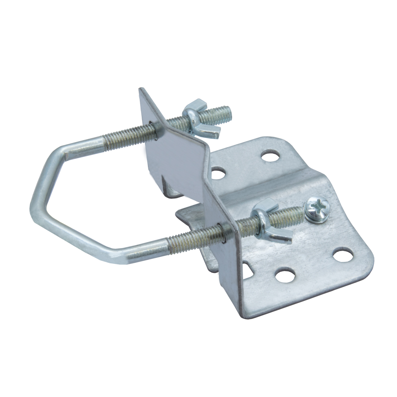 Metall-Antennen-Montagehardware auf weißem Hintergrund.
