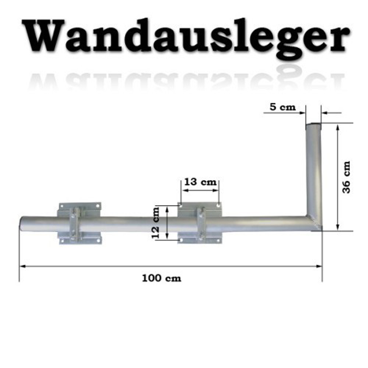 Ein Diagramm mit Maßen für einen Wandhalter in schwarzem Text auf weißem Hintergrund.
