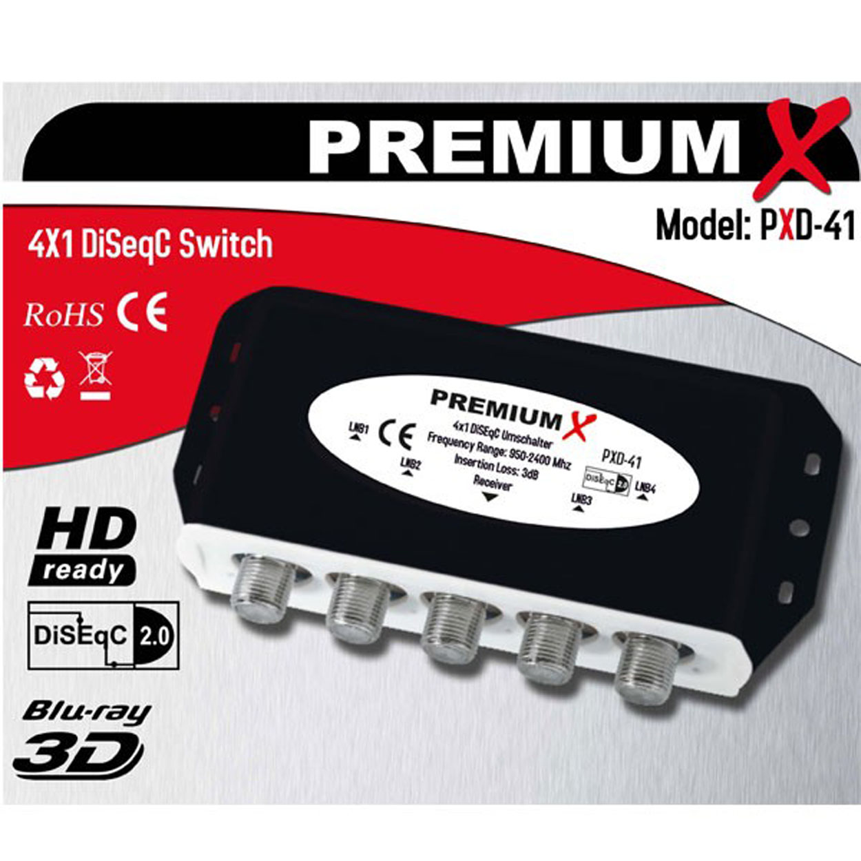 Schwarzes und silbernes Gerät mit Text. Text: PREMIUM X 4x1 DiSEqC Switch. Blu-ray 3D, HD ready.