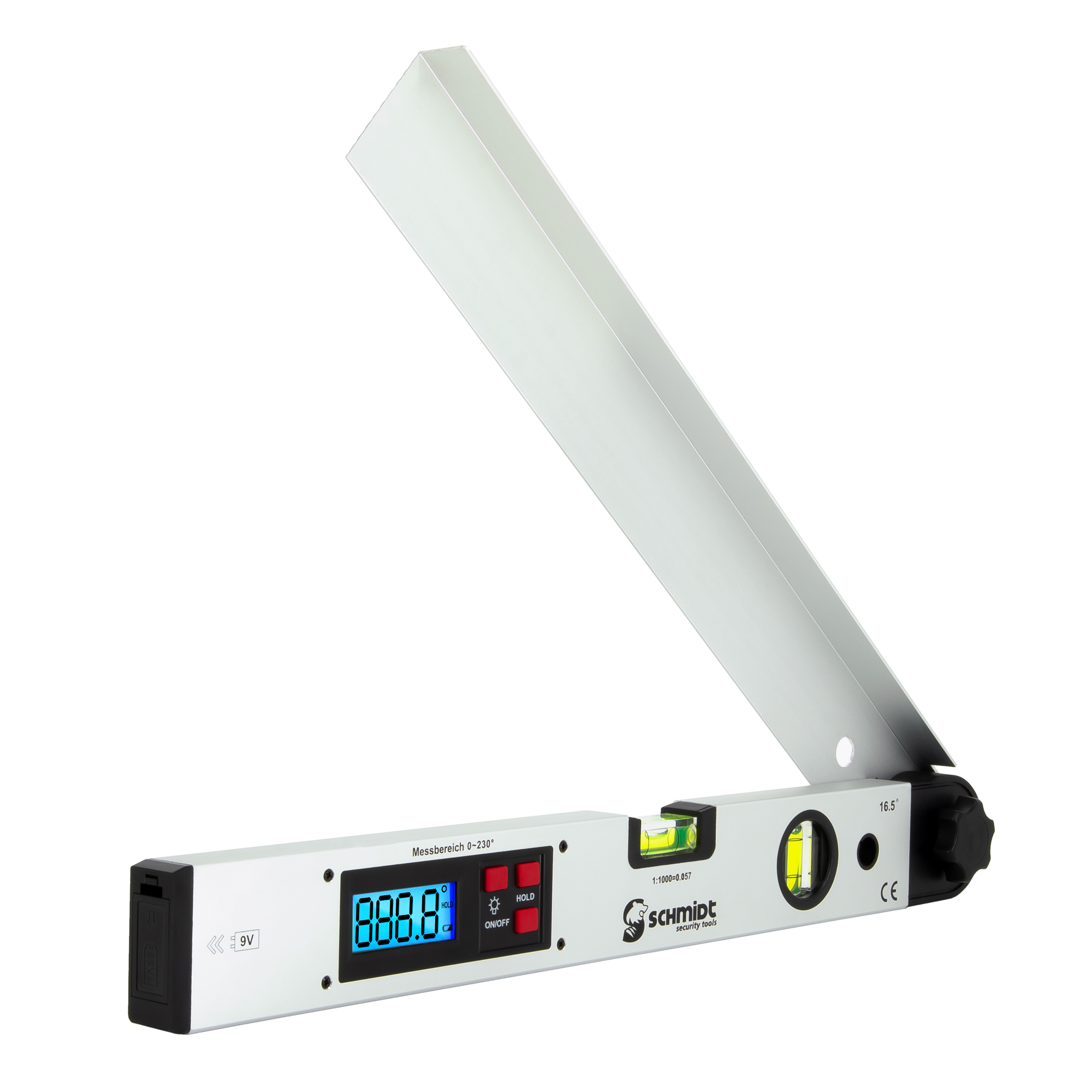 Silberne und schwarze digitale Wasserwaage mit Display und Messarm.