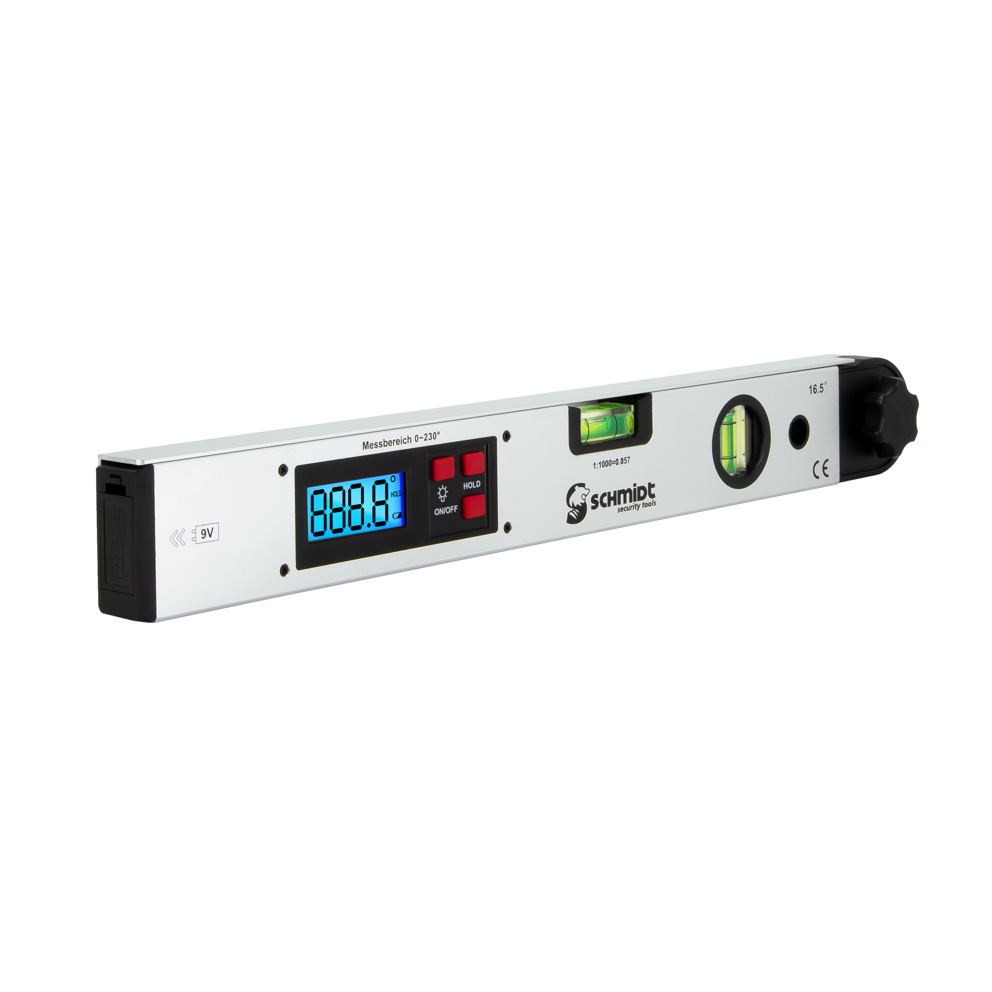 Silberne digitale Wasserwaage mit blauem Display mit 888,8, Blasenlibellen und schwarzem Griff.