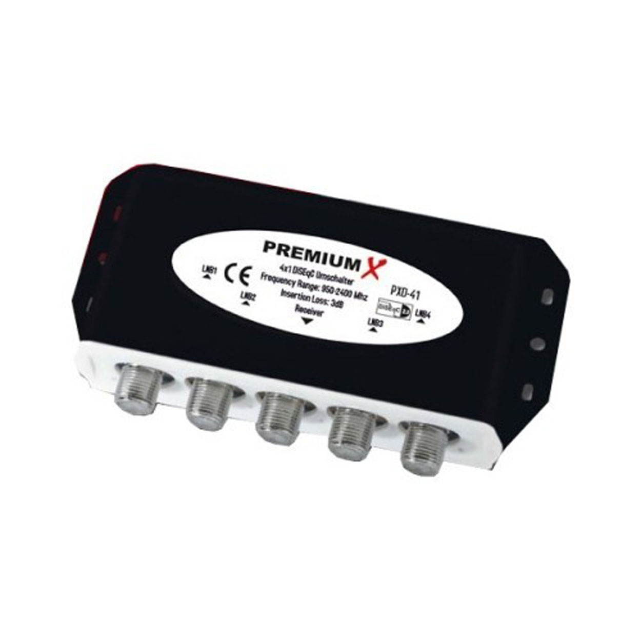 Eine schwarze elektronische Komponente mit 5 silbernen Anschlüssen. Sie hat weißen Text und Etiketten auf der Oberfläche.