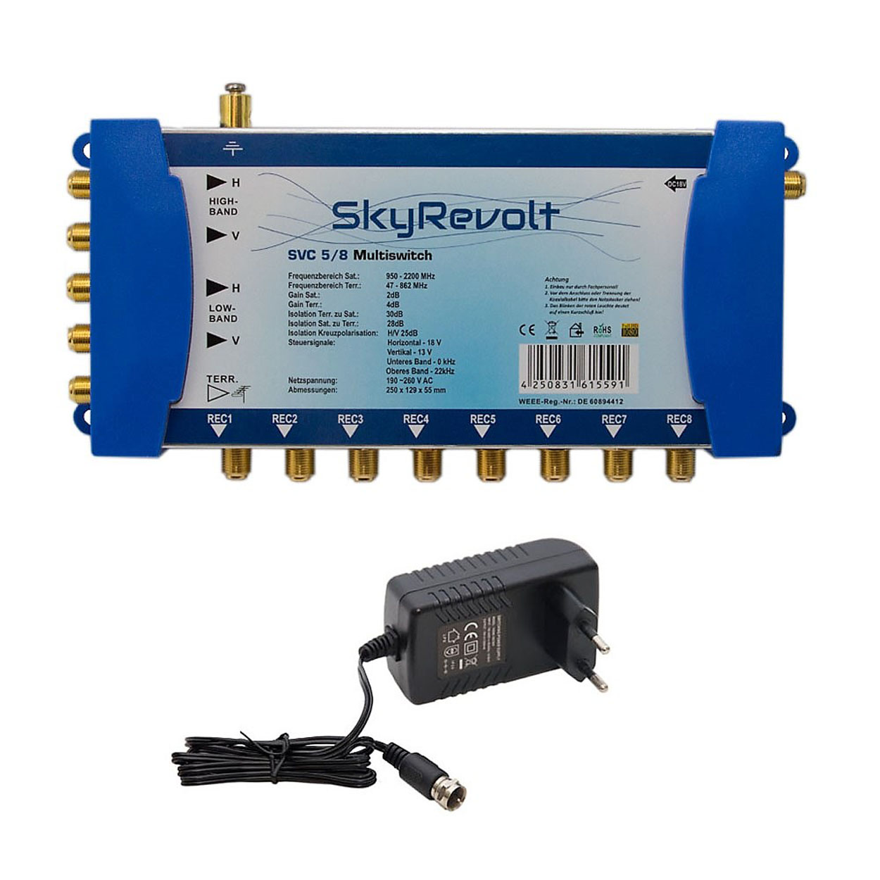 SKYREVOLT SVC 5/8 Multiswitch externes Anschlüsse Multischalter für 8 Sat-Multischalter Netzteil 1 SAT